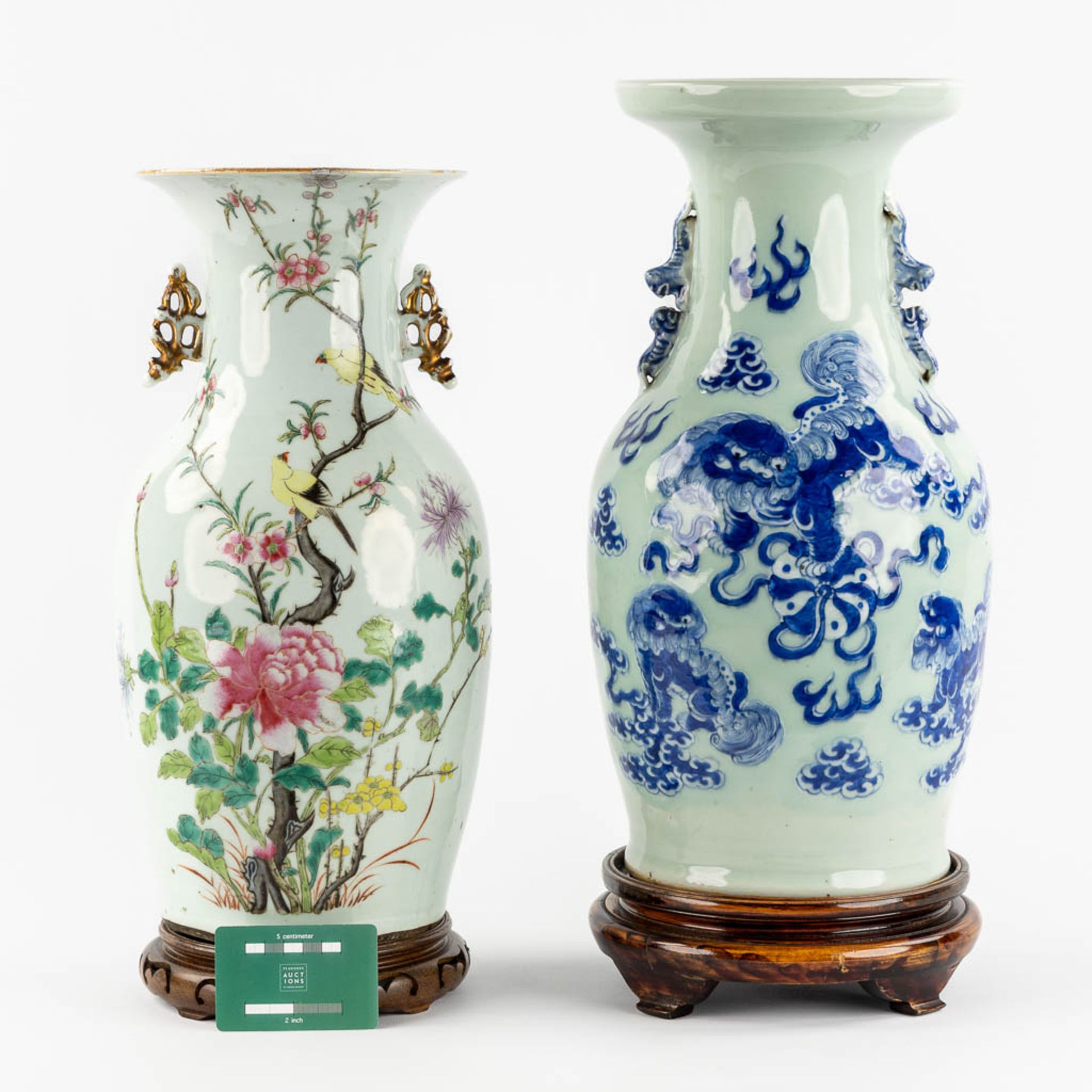 Two Chinese vases, blue-white with a Foo Dog, Famille Rose with a bird and flora. 19th/20th C. (H:43 - Image 2 of 10