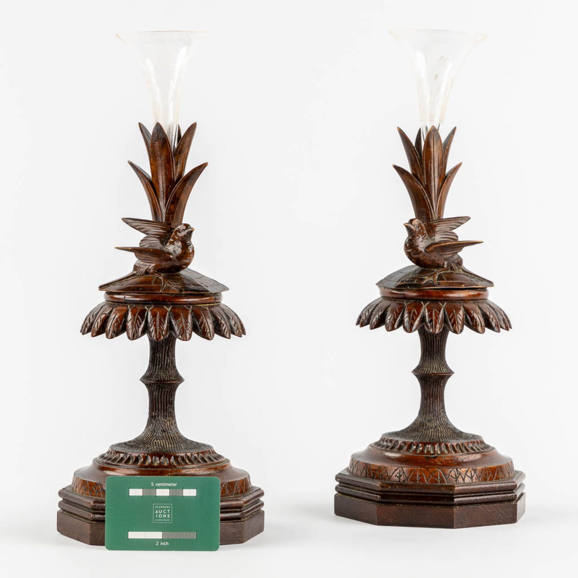 Two bases for Trumpet Vases, Schwartzwald or Black Forest. Circa 1880. (L:14,5 x W:14,5 x H:40 cm) - Image 2 of 11