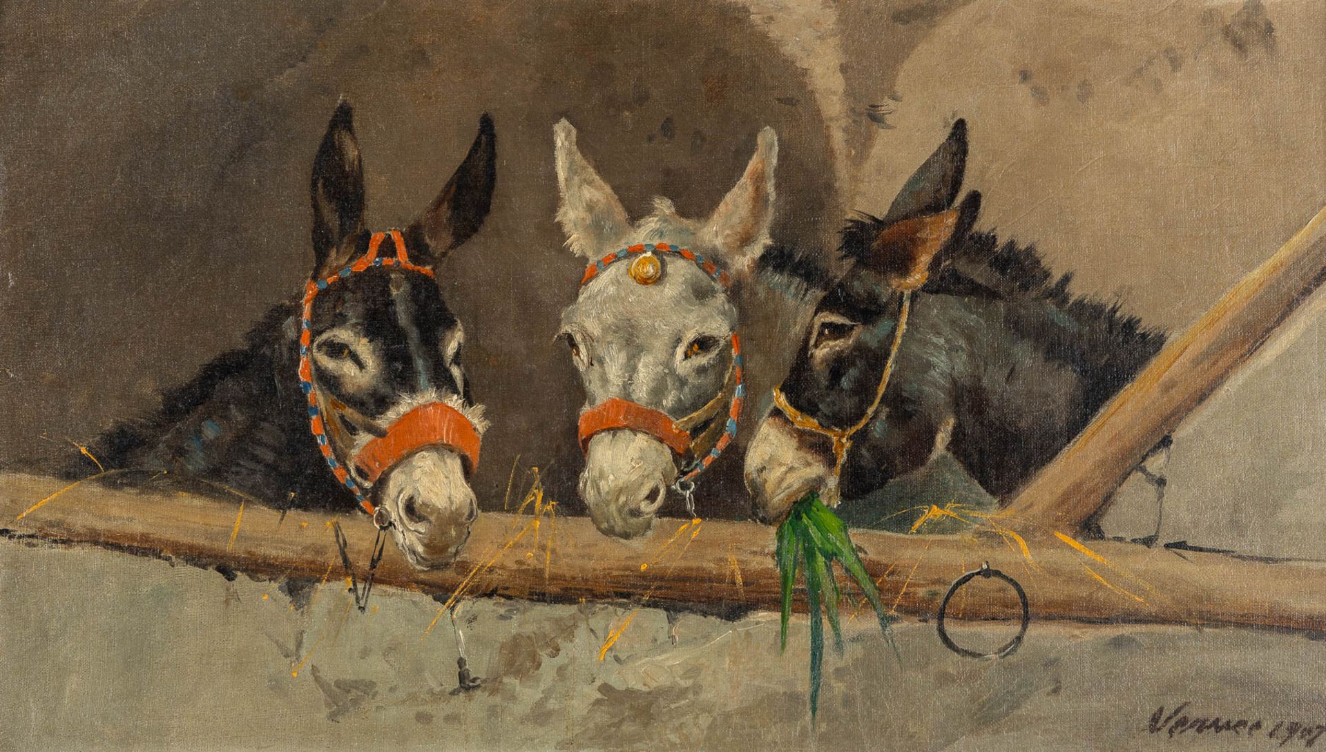 Alfred VERWEE (1838-1895)(Attr.) 'Three Donkeys' oil on canvas. 1907. (W:52 x H:30,5 cm)