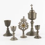 A Ciboria, three chalices and a reliquarium, Pewter or Tin, 18th/19th C. (H:32 x D:13 cm)