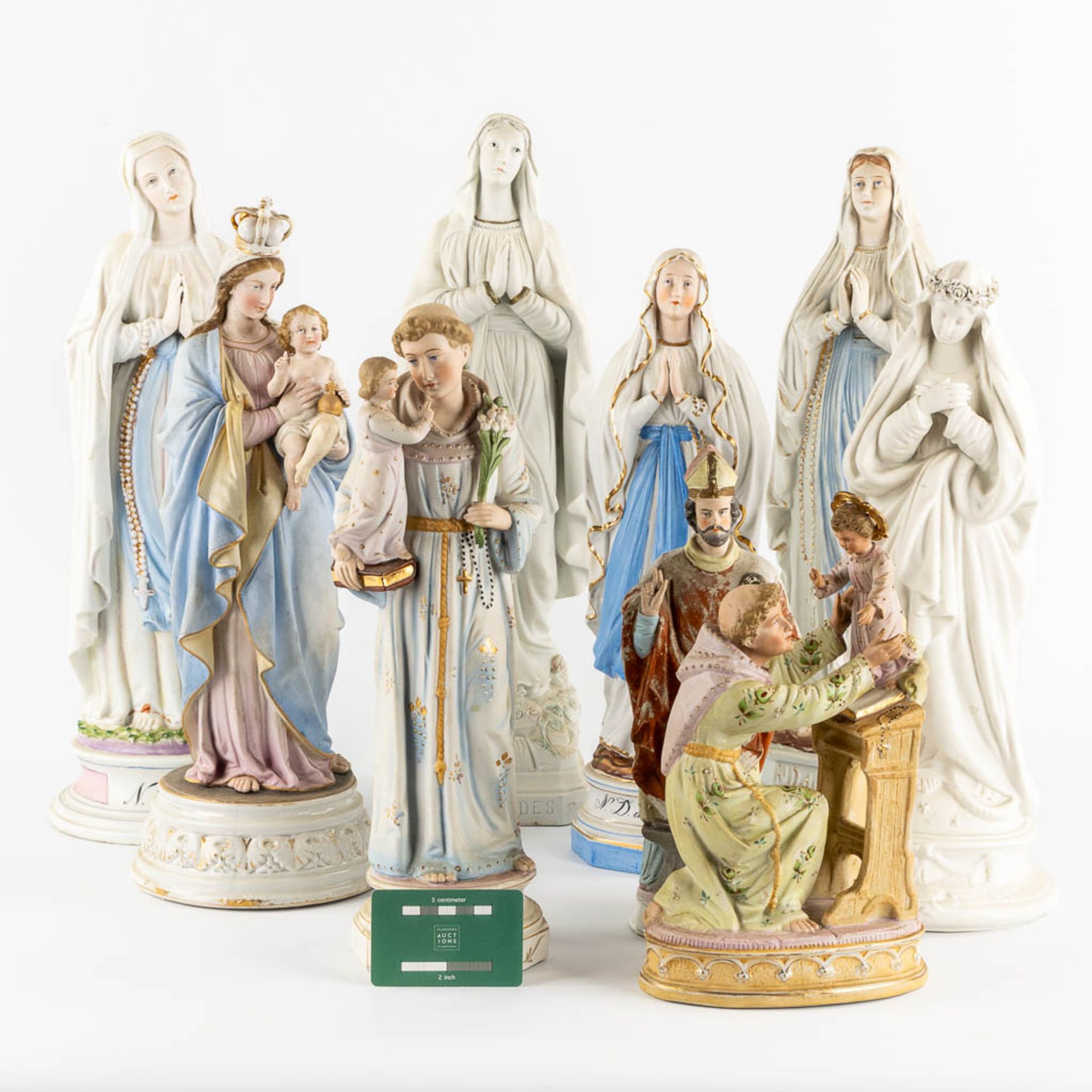 Nine bisque porcelain figurines of Saints, Madonna's. 20th C. (H:48 cm) - Image 2 of 9