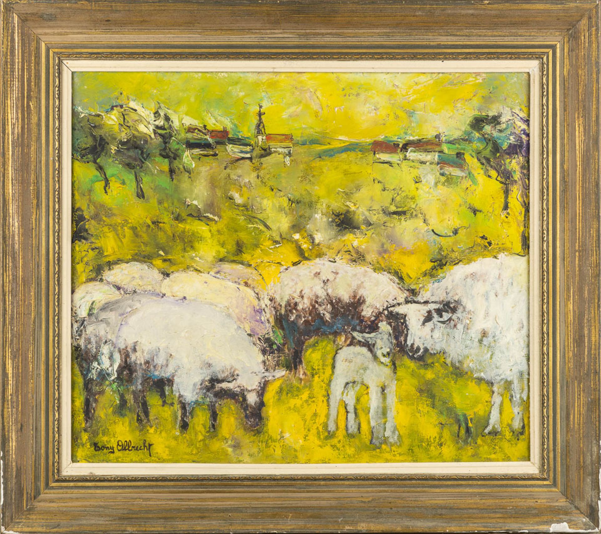 Tony ALBRECHT (1925) 'Expressionistisch landschap met schapen'. (W:70 x H:60 cm)