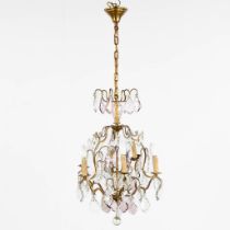 An antique chandelier, brass with coloured and white glass. (H:73 x D:47 cm)