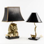 Deknudt, Two table lamps. Tutankhamun and a swan. Gilt metal. 20th C. (H:58 cm)