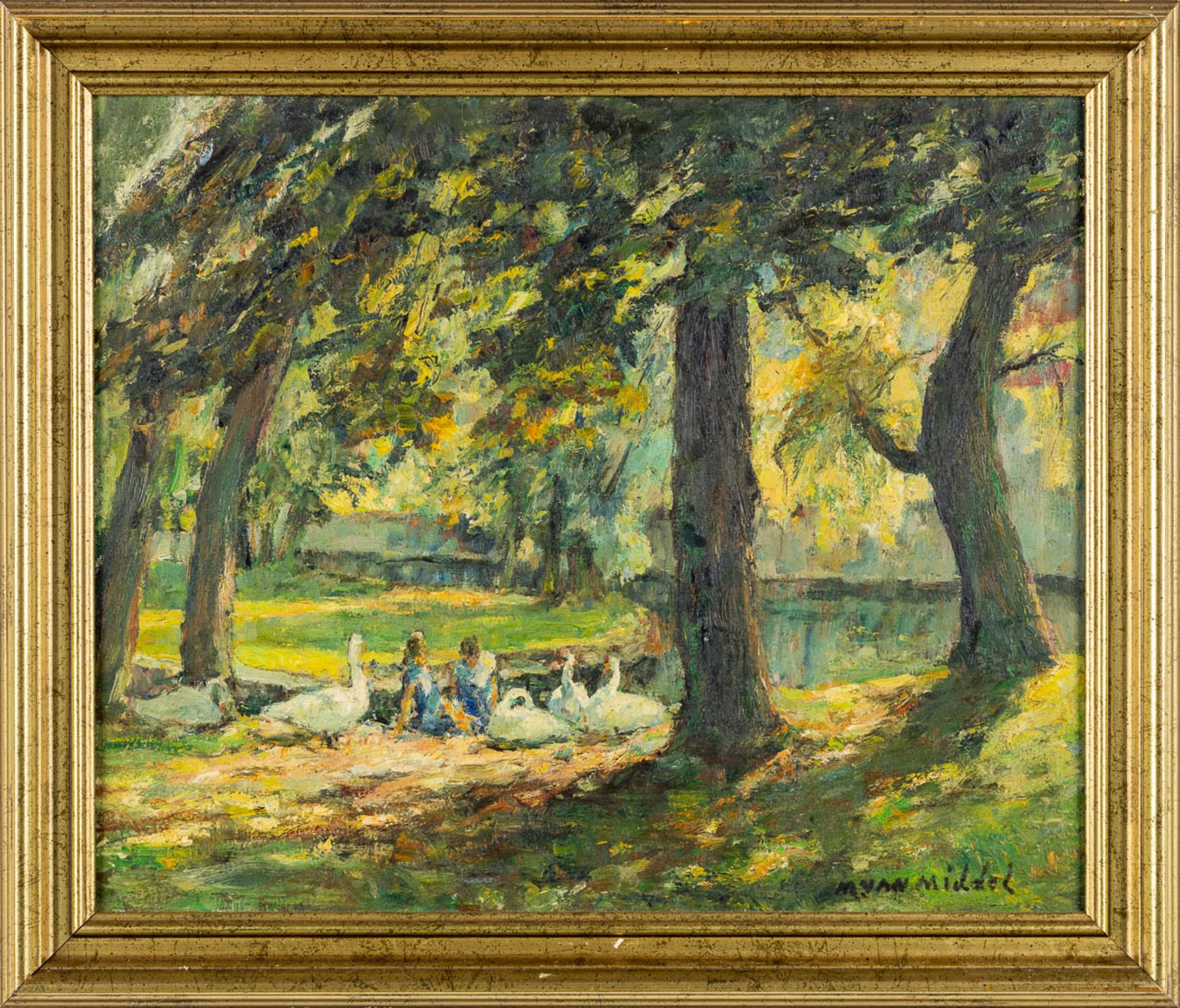 Maurice VAN MIDDEL (1886-1952) 'Swans in the park' oil on canvas. (W:60 x H:50 cm) - Bild 3 aus 6