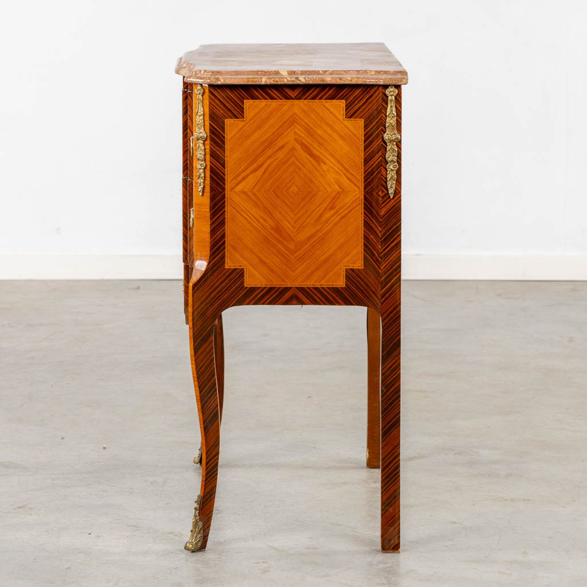 A two drawer side cabinet, marquetry inlay with a marble top. (L:39 x W:72 x H:81 cm) - Image 5 of 13