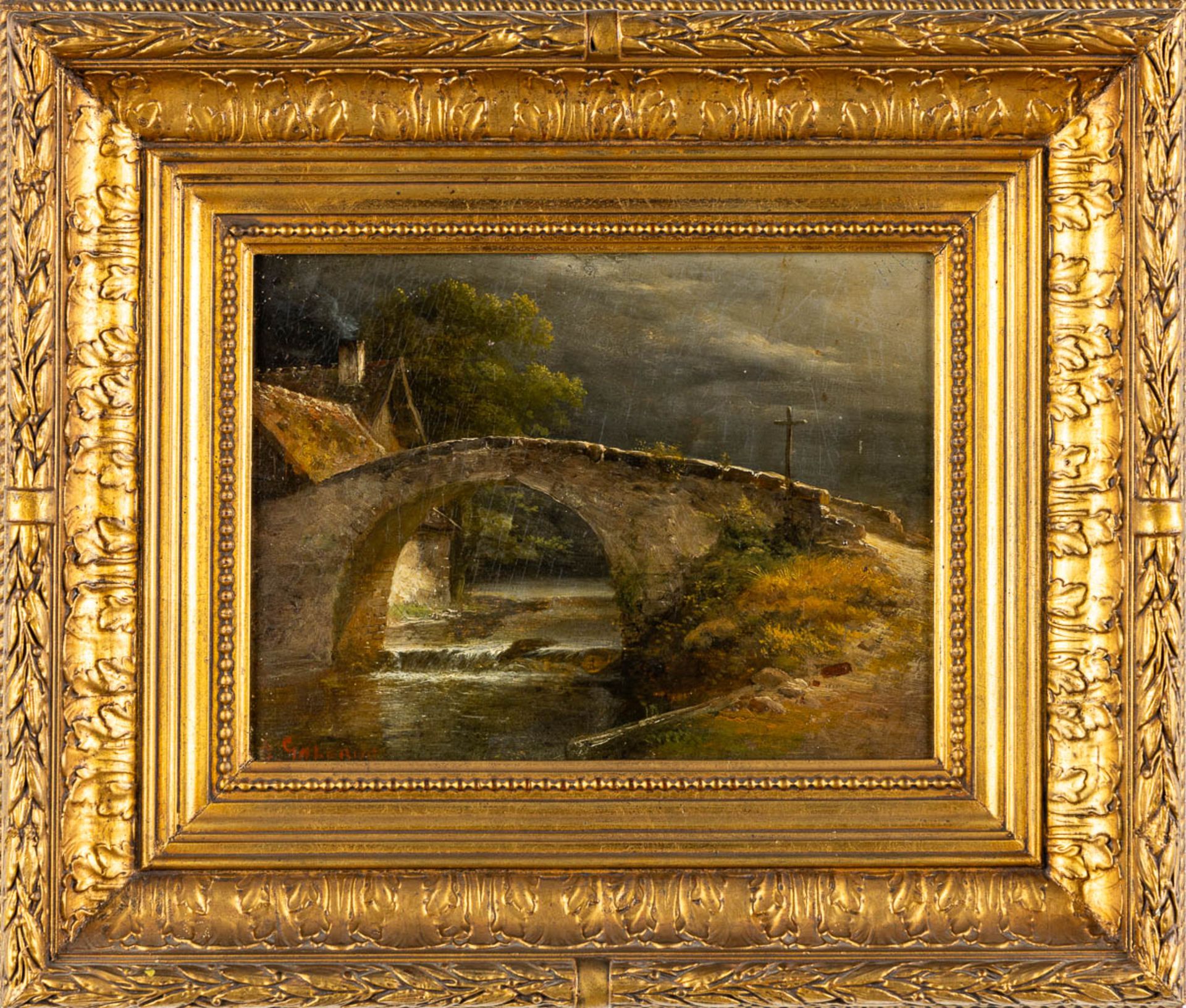 The bridge over the river, oil on panel. 19th C. Signed B. Galerne. (W:32 x H:24,5 cm) - Image 3 of 7