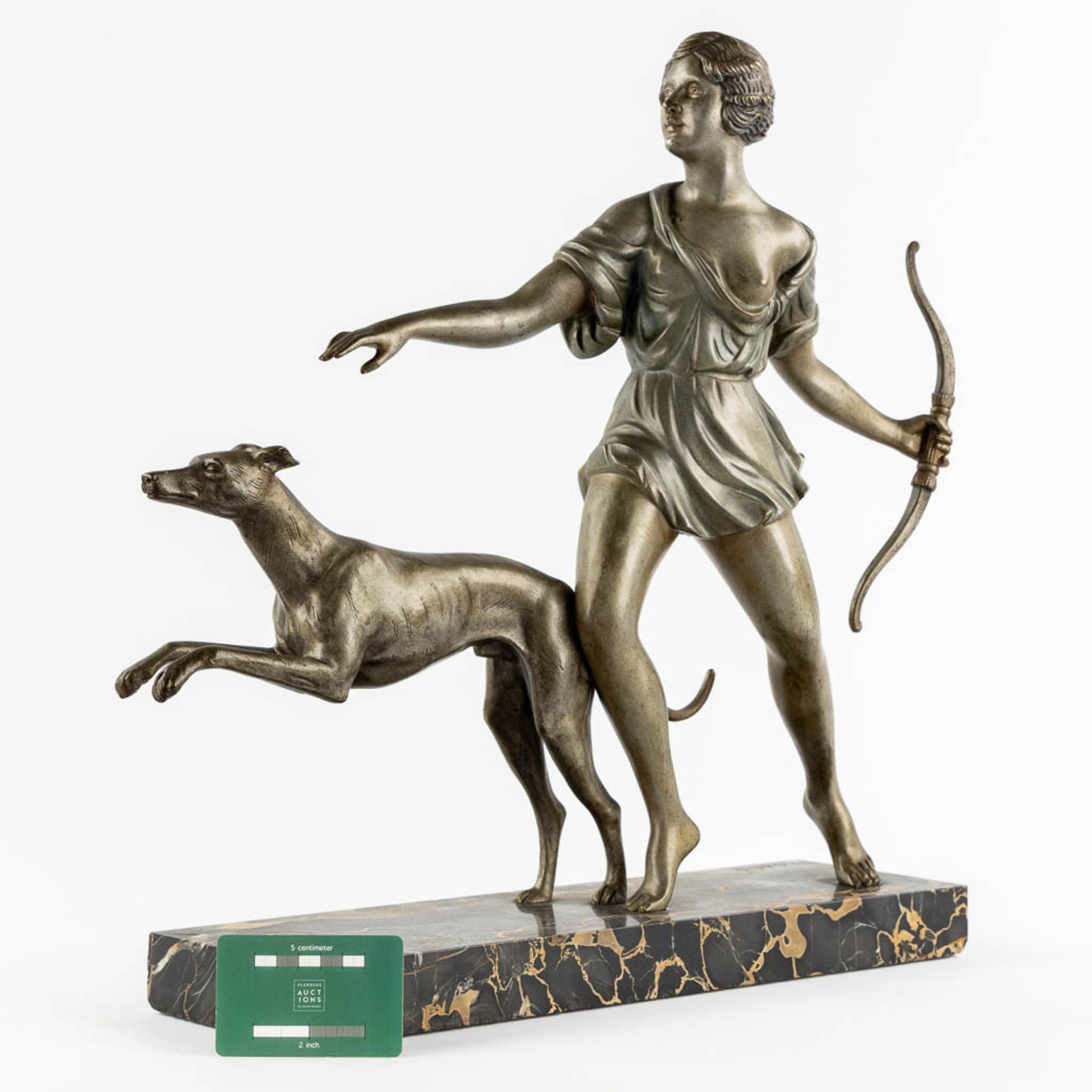 I GALLO (XIX-XX) 'Diana with a Greyhound' patinated bronze on marble. Art Deco. (L:13 x W:49 x H:48 - Image 2 of 10