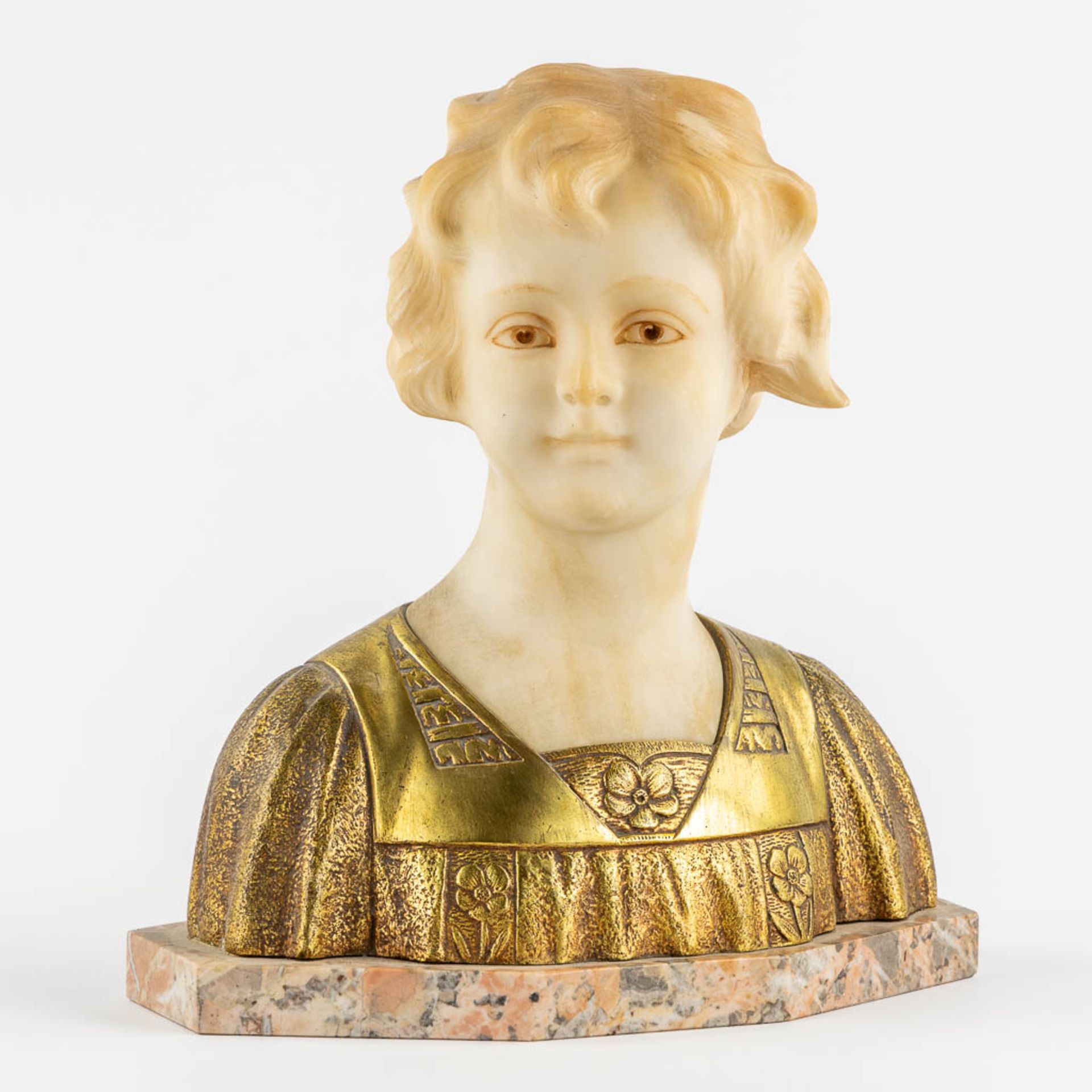 Bust of a Young Lady, gilt bronze and sculptured alabaster. Signed Cecchelli. (L:12 x W:26 x H:28 cm