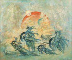 Edmond VAN DOOREN (1896-1965) 'Futuristic composition' oil on canvas. 1956. (W:120 x H:100 cm)