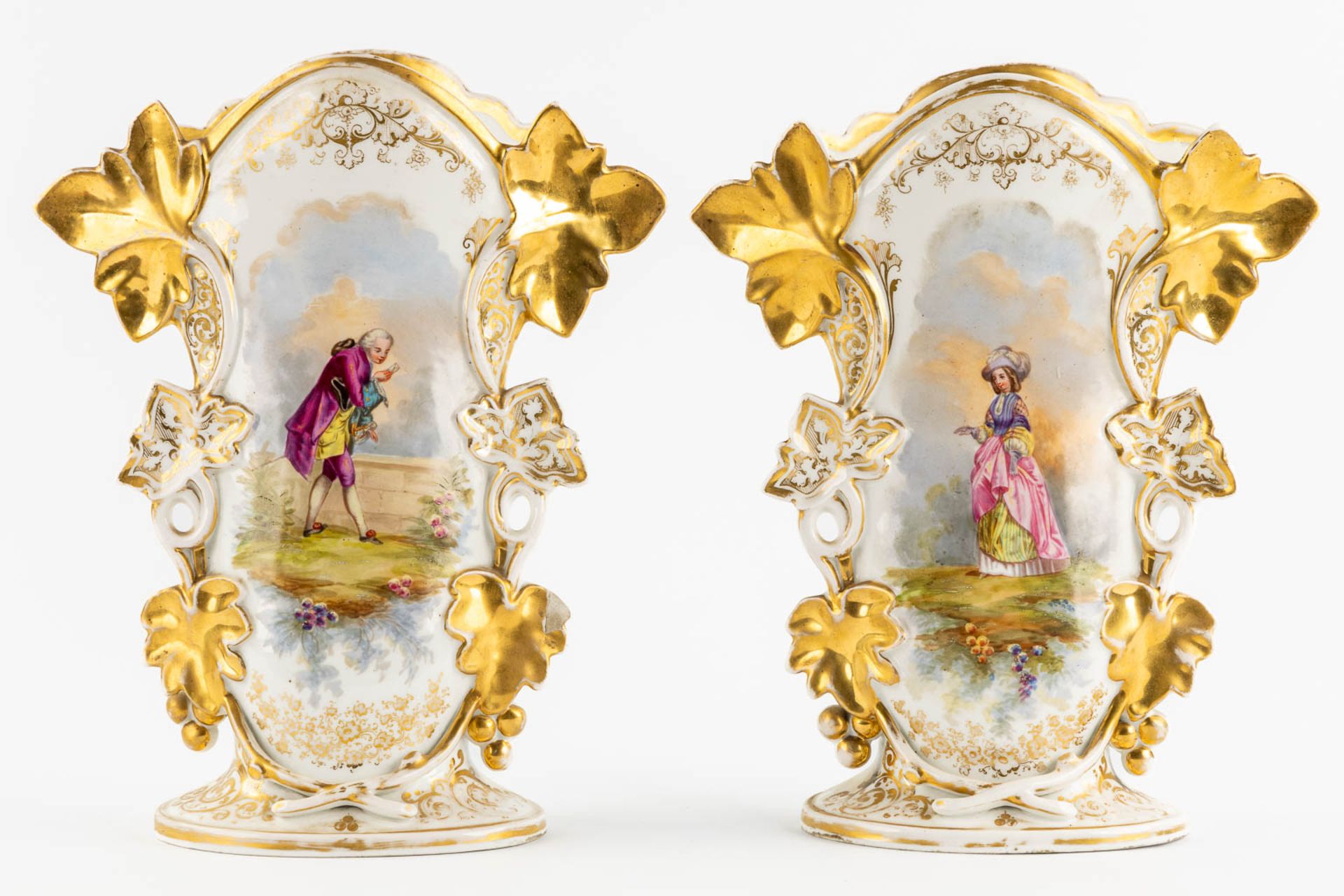 Two pair of Vieux Bruxelles vases, decorated with flowers and figurines. (L:20 x W:26 x H:39 cm) - Bild 3 aus 19