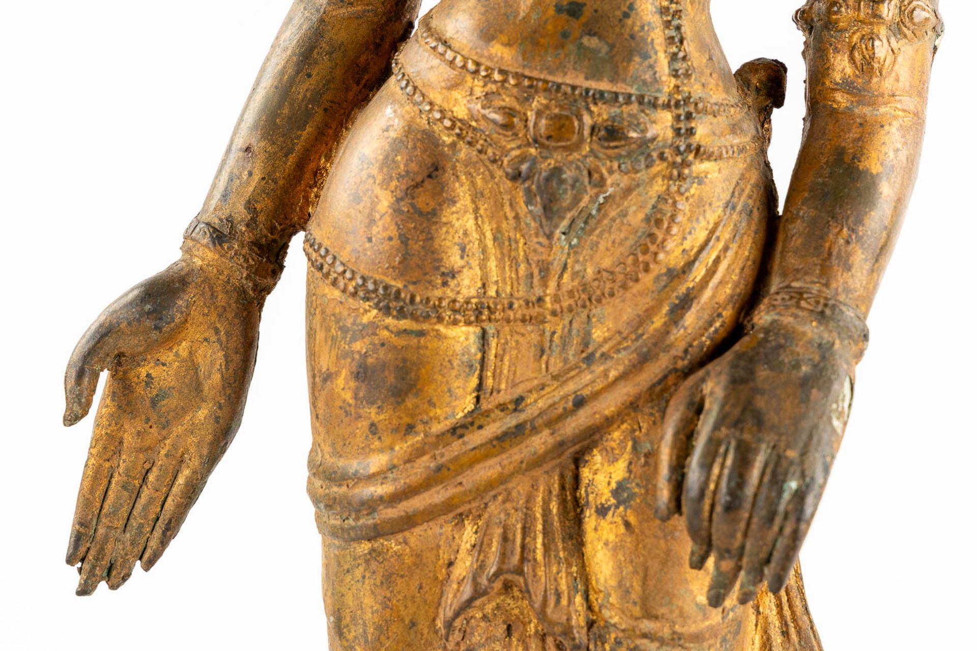 A Decorative figurine of a standing Boeddha. Gilt bronze. (L:13 x W:22 x H:70 cm) - Image 9 of 12