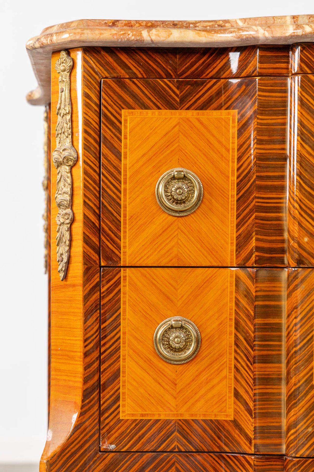 A two drawer side cabinet, marquetry inlay with a marble top. (L:39 x W:72 x H:81 cm) - Image 10 of 13