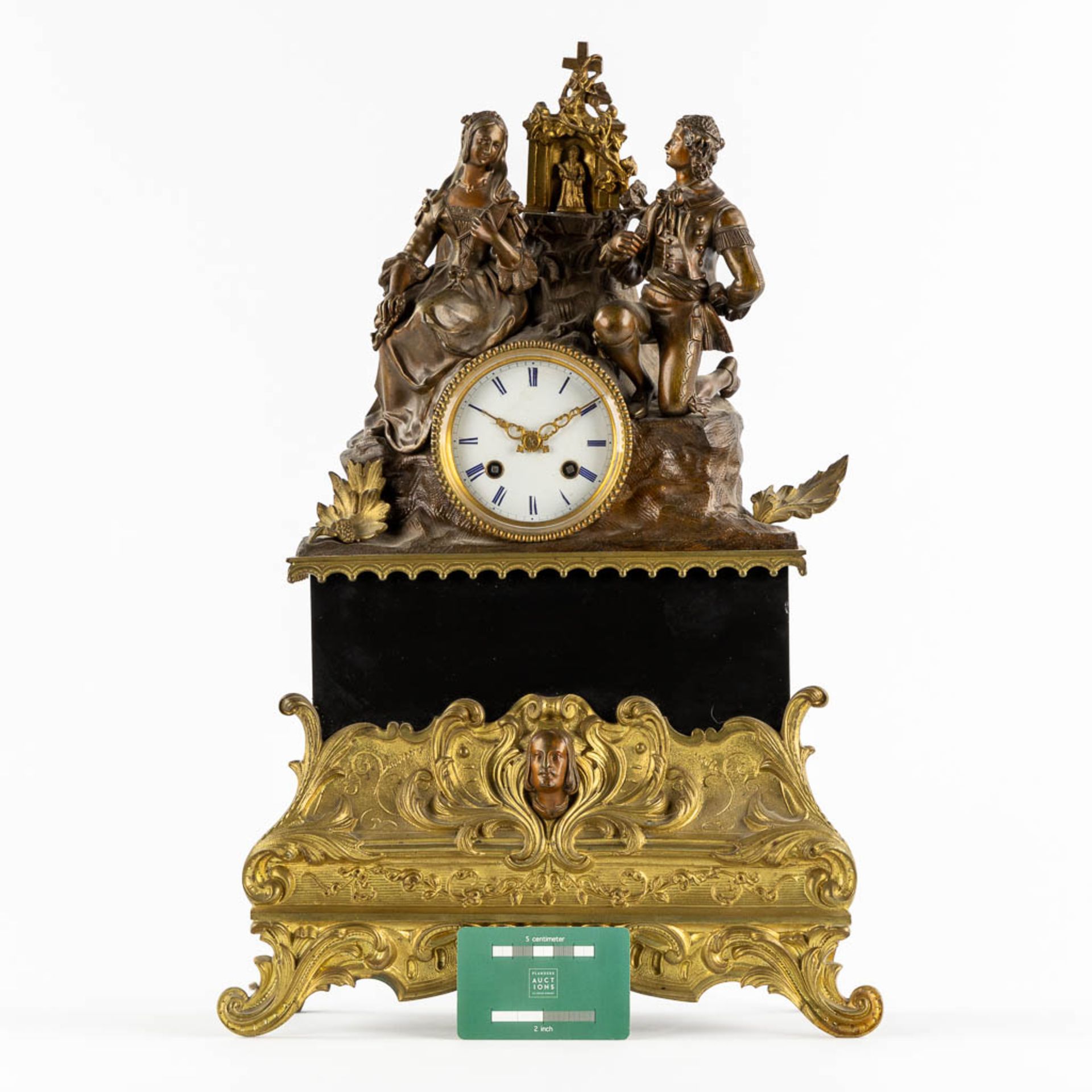 An antique mantle clock 'The Prayer', patinated and gilt bronze, black marble. 19th C. (L:12 x W:33 - Image 2 of 12