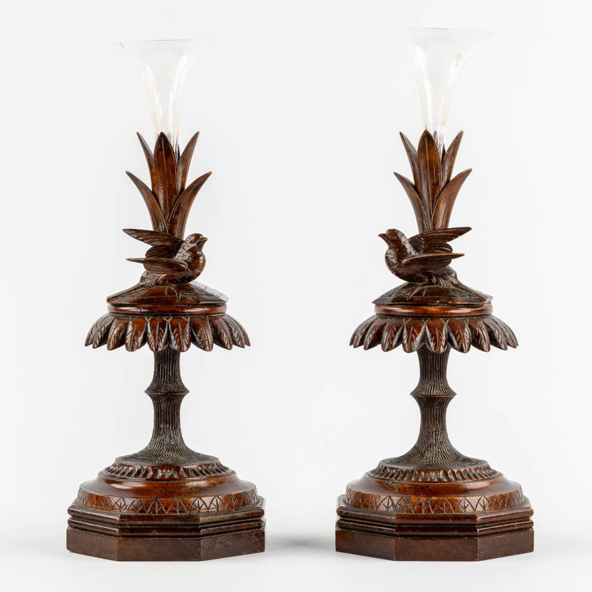 Two bases for Trumpet Vases, Schwartzwald or Black Forest. Circa 1880. (L:14,5 x W:14,5 x H:40 cm) - Image 3 of 11
