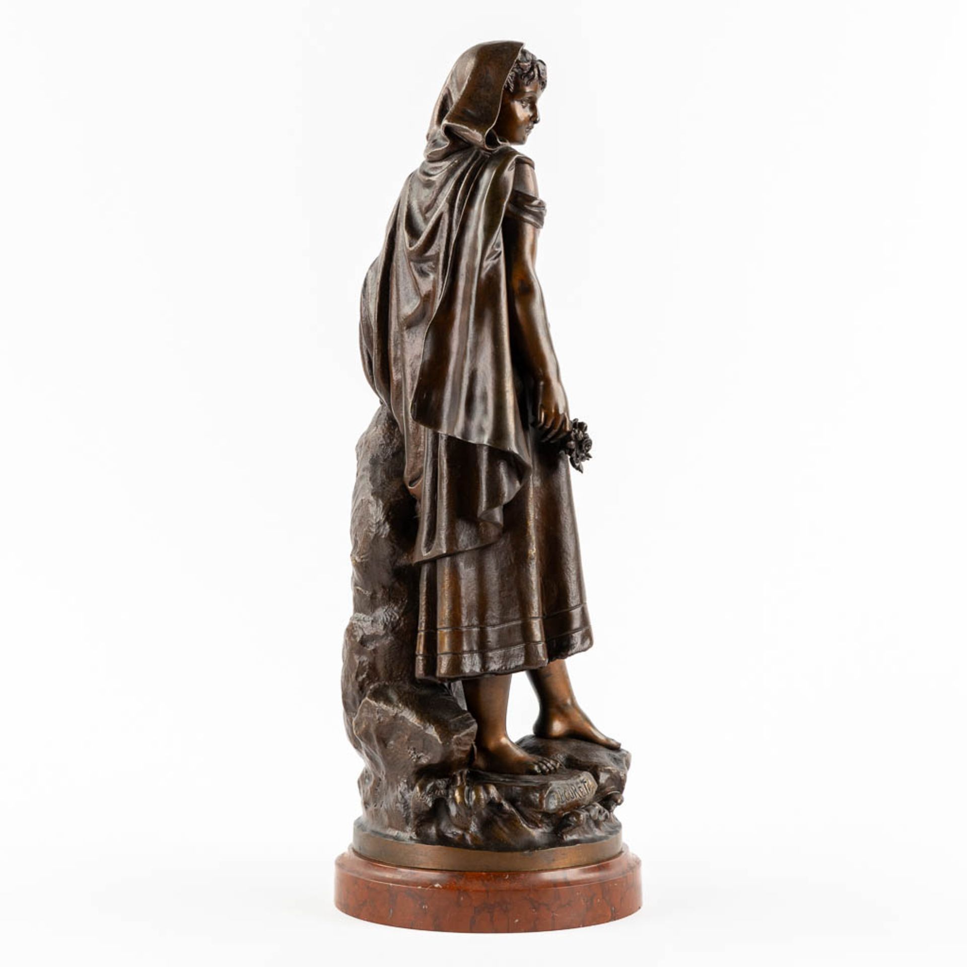 Eutrope BOURET (1833-1906) 'Lady with flowers' patinated bronze on a marble base. (L:19 x W:17 x H:4 - Image 4 of 11