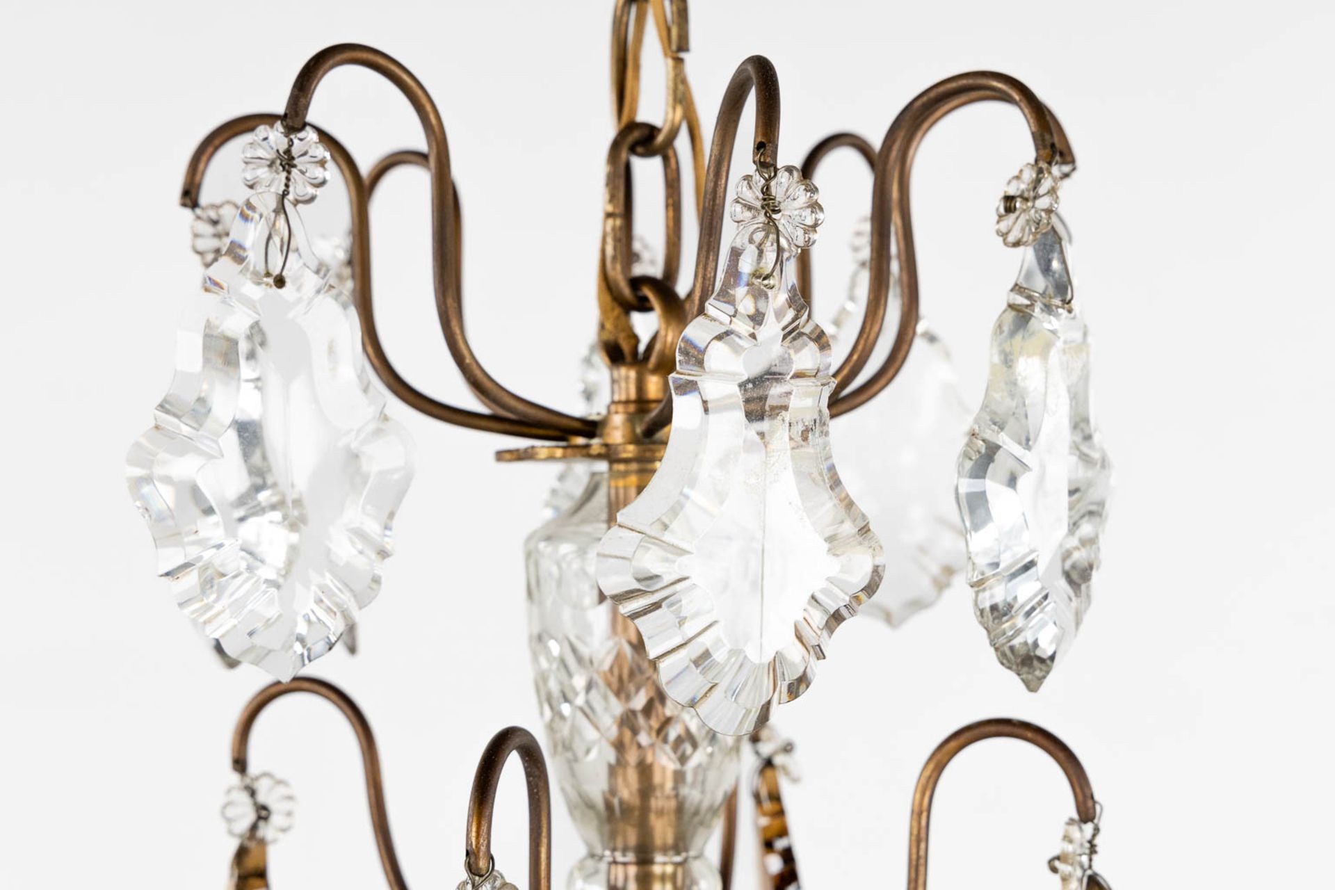 An antique chandelier, brass with coloured and white glass. Circa 1930. (H:80 x D:68 cm) - Image 4 of 11