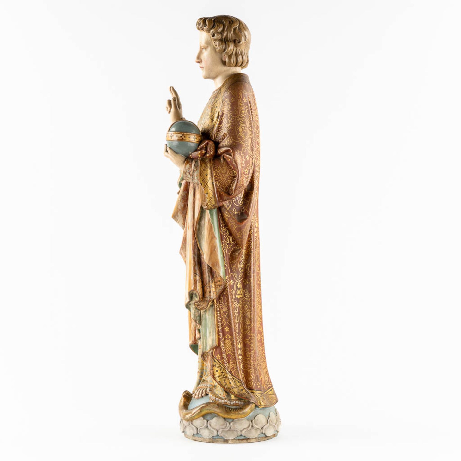 An antique wood-sculptured figurine of Salvator Mundi, holding a globus cruciger and serpent. 19th C - Image 4 of 12