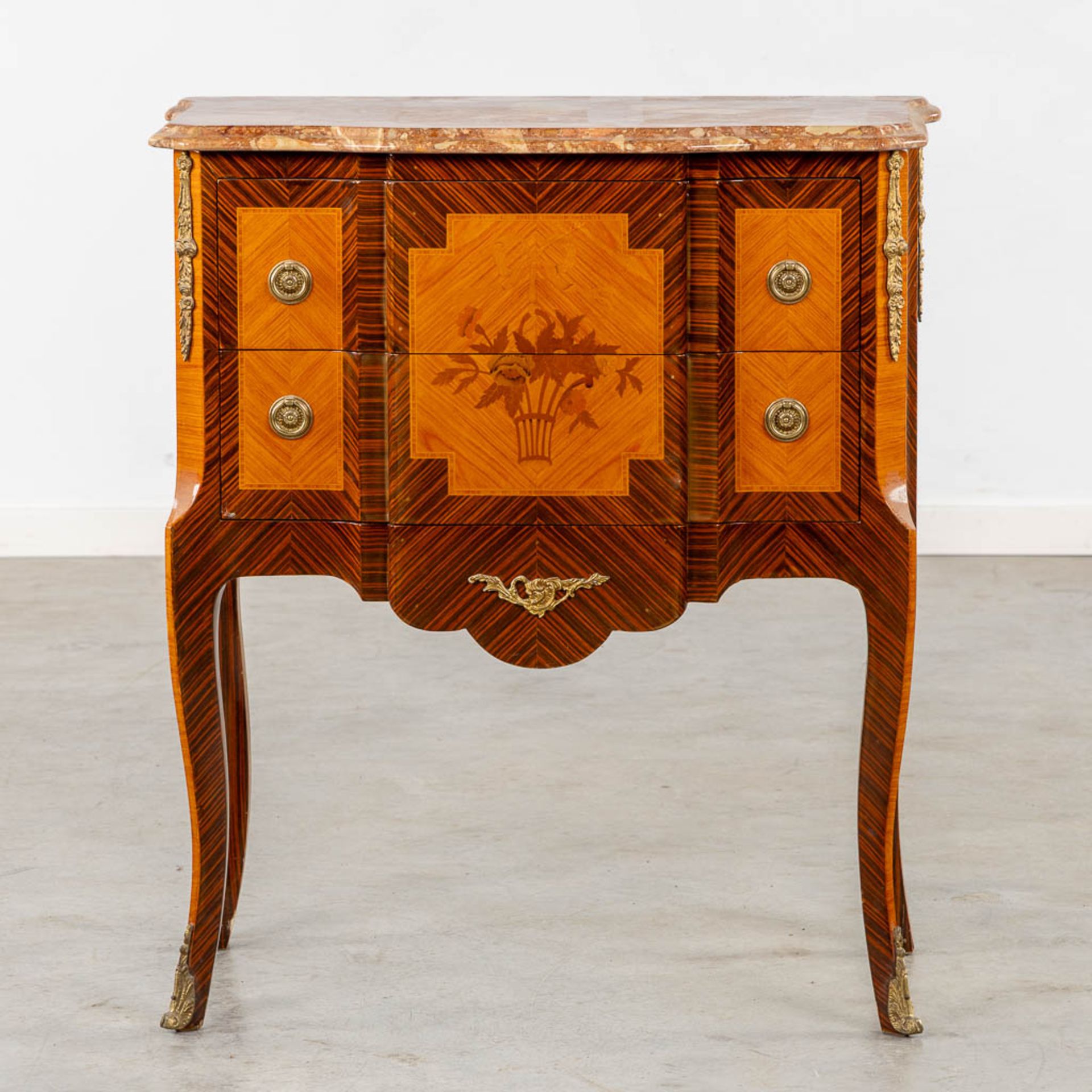 A two drawer side cabinet, marquetry inlay with a marble top. (L:39 x W:72 x H:81 cm) - Image 4 of 13