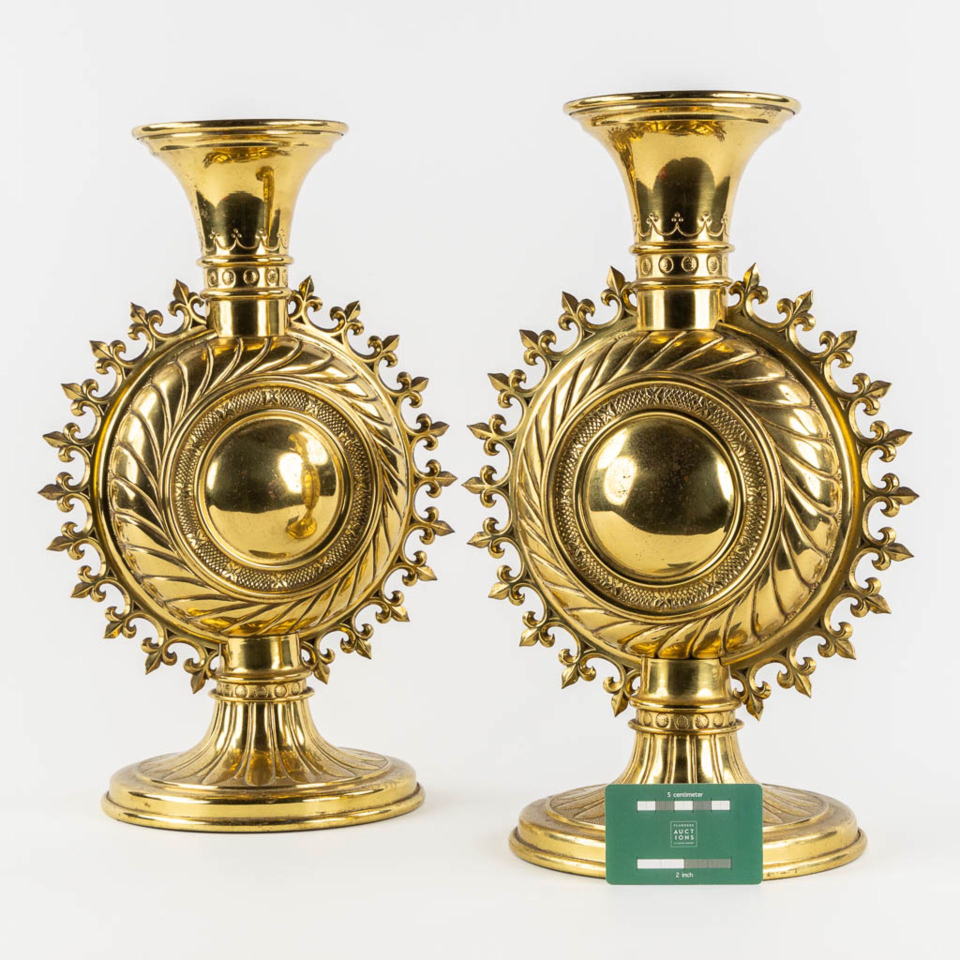 A pair of candelabra, brass, gothic Revival. (L:21 x W:27 x H:42 cm) - Image 2 of 11