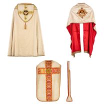 A cope, Humeral veil and Roman Chasuble, embroideries with images of fish and bread, The Holy Spirit