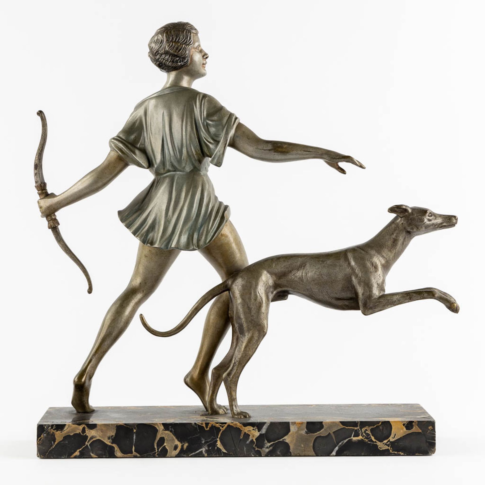 I GALLO (XIX-XX) 'Diana with a Greyhound' patinated bronze on marble. Art Deco. (L:13 x W:49 x H:48 - Image 5 of 10