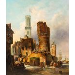 After Jan Michiel RUYTEN (1813-1881) 'Return to a Dutch city' oil on panel. Circa 1950. (W:82 x H:96