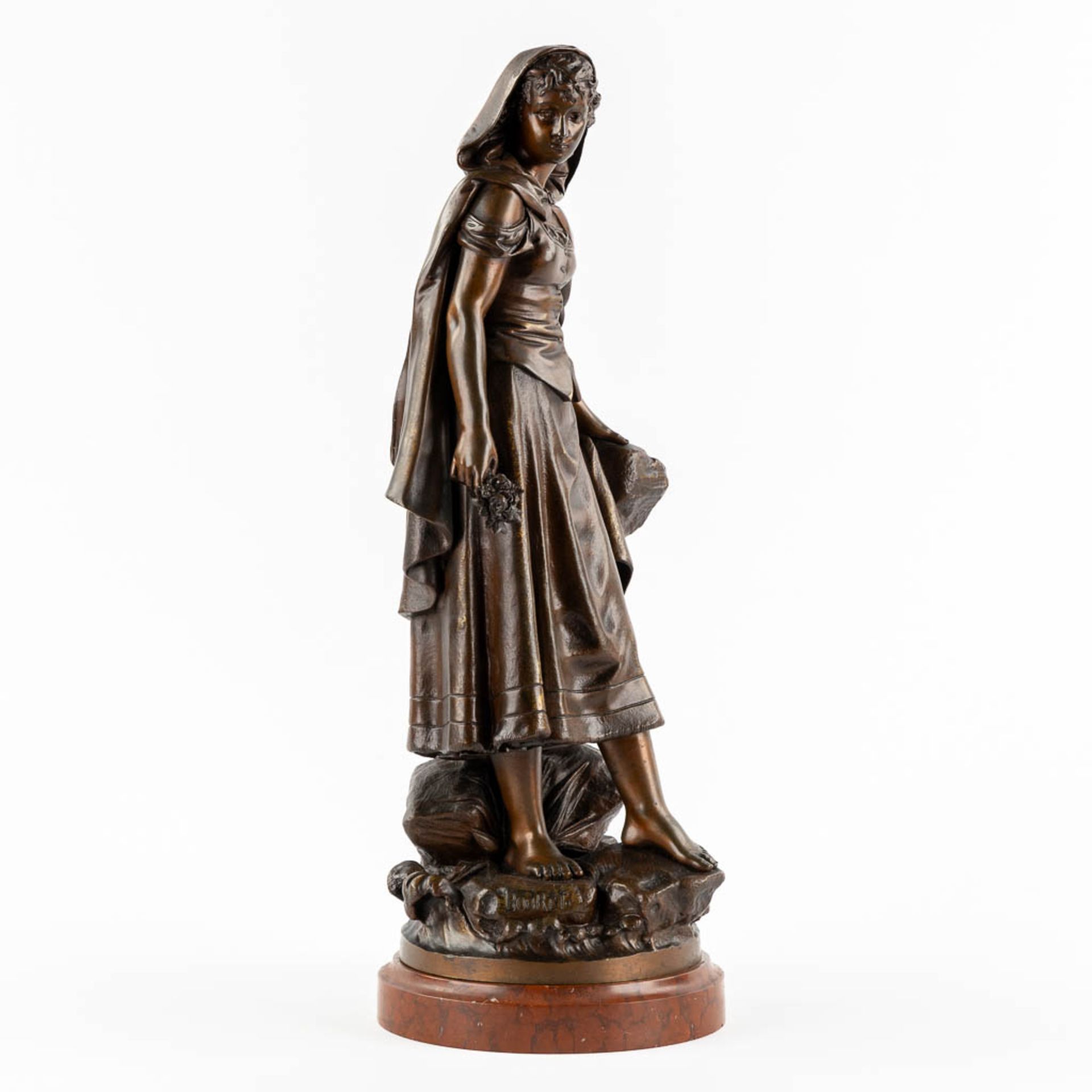 Eutrope BOURET (1833-1906) 'Lady with flowers' patinated bronze on a marble base. (L:19 x W:17 x H:4 - Image 3 of 11