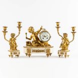 A three-piece mantle garniture, gilt bronze and Carrara marble. 19th C. (L:21 x W:28 x H:30 cm)