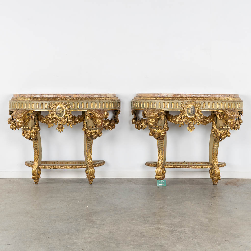 A pair of console tables with ram's heads, Louis XVI style, Italy, 19th C. (L:50 x W:110 x H:84 cm) - Image 2 of 10
