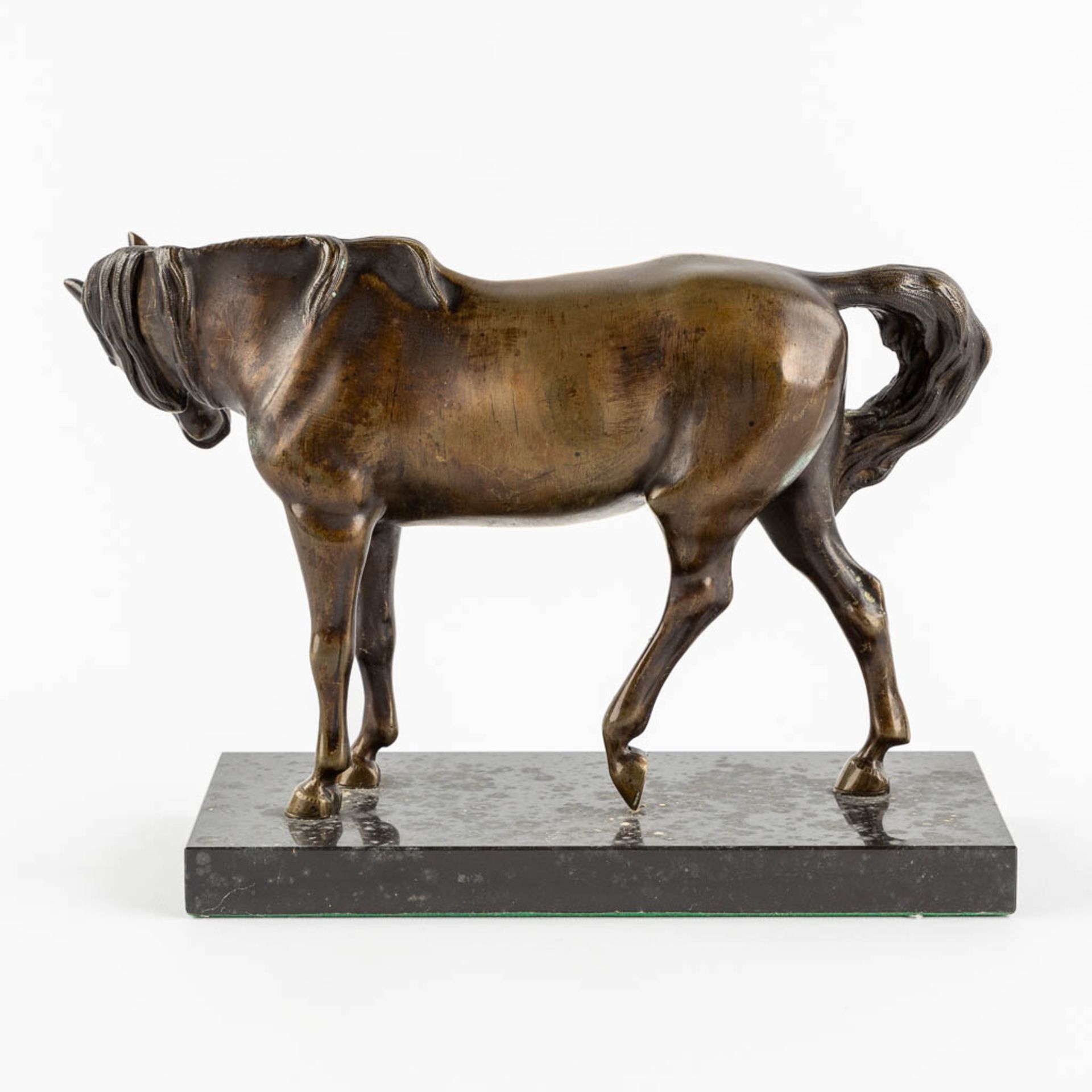 A patinated bronze figurine of a horse, black marble. (L:11 x W:27 x H:18 cm) - Image 5 of 9
