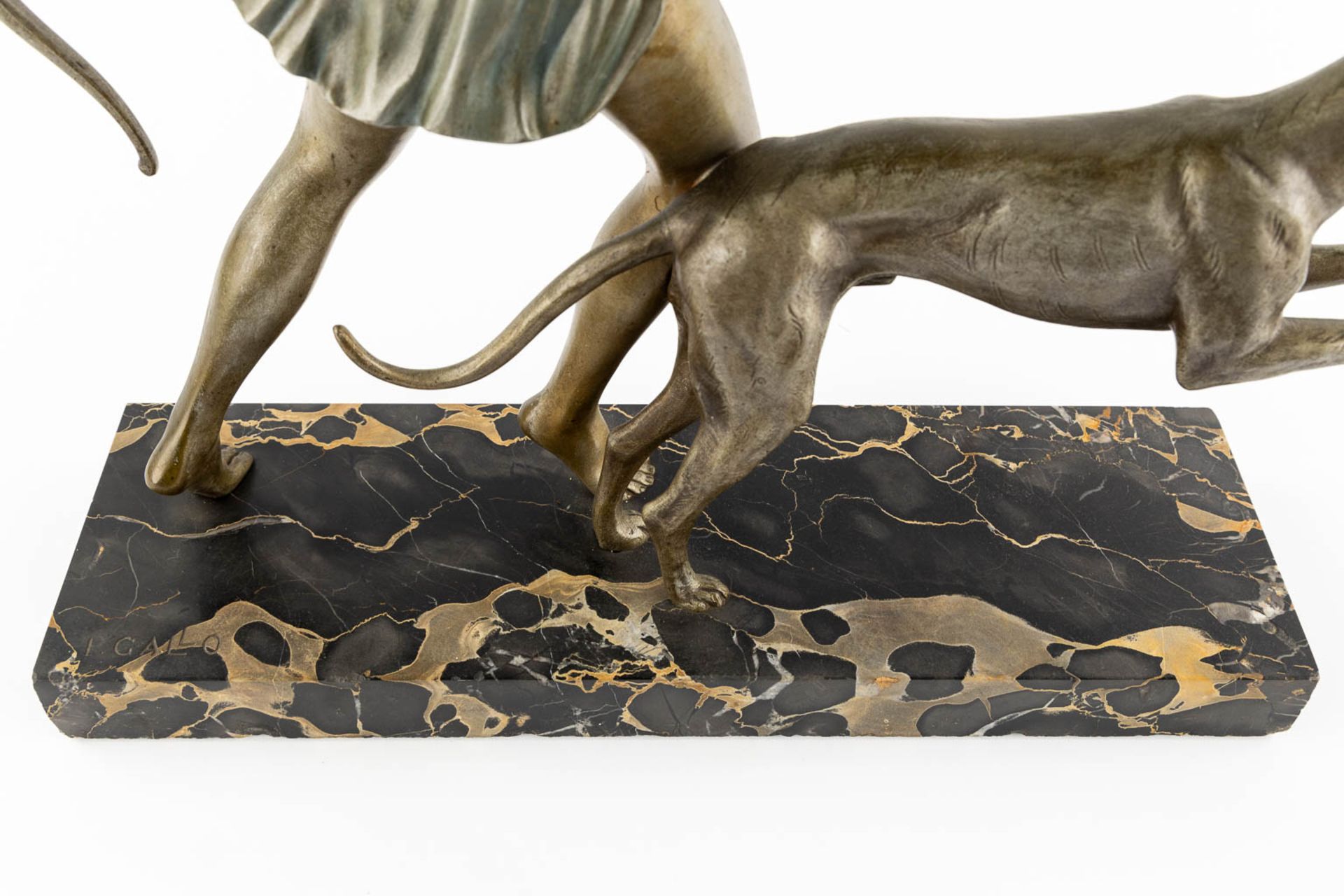 I GALLO (XIX-XX) 'Diana with a Greyhound' patinated bronze on marble. Art Deco. (L:13 x W:49 x H:48 - Image 10 of 10