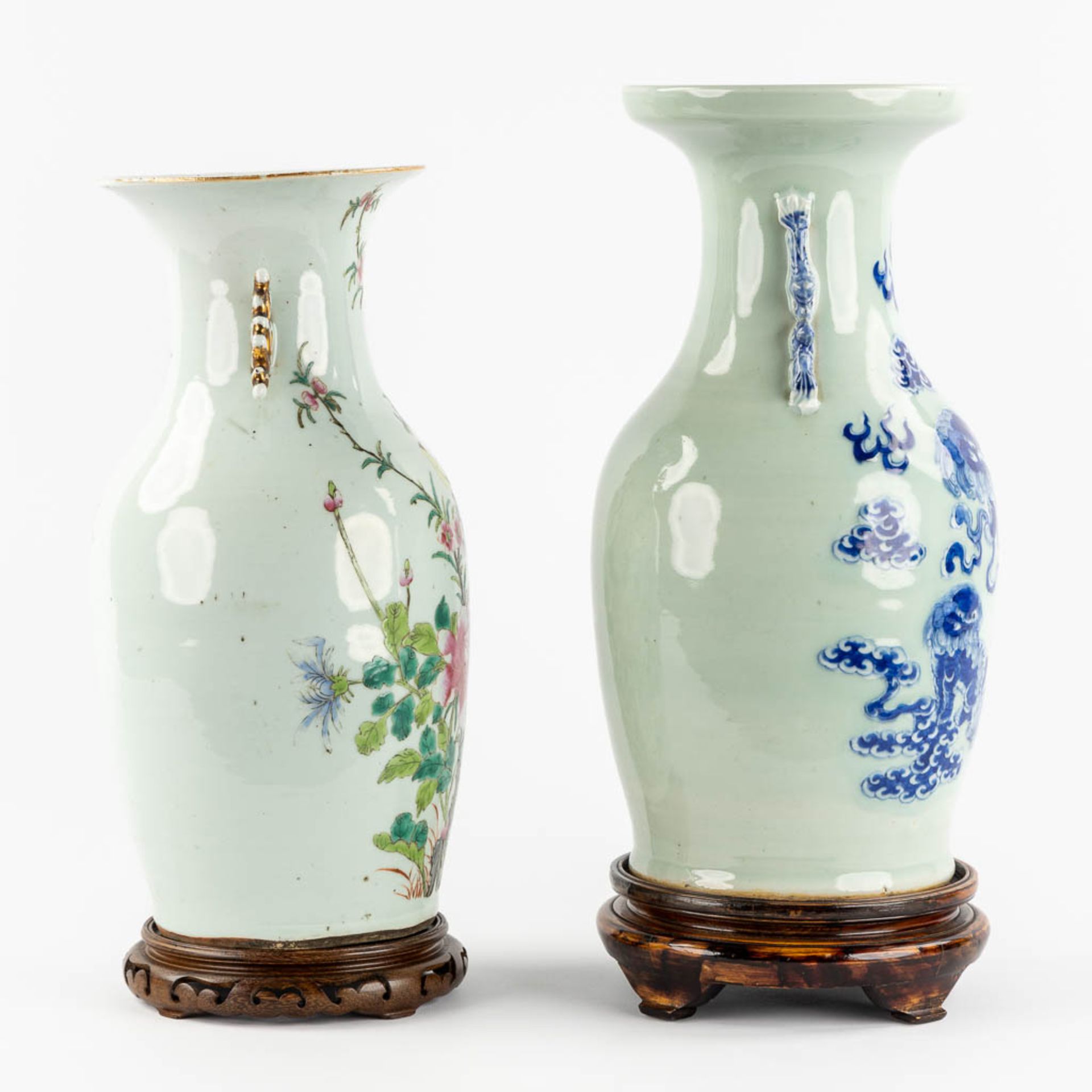 Two Chinese vases, blue-white with a Foo Dog, Famille Rose with a bird and flora. 19th/20th C. (H:43 - Bild 3 aus 10
