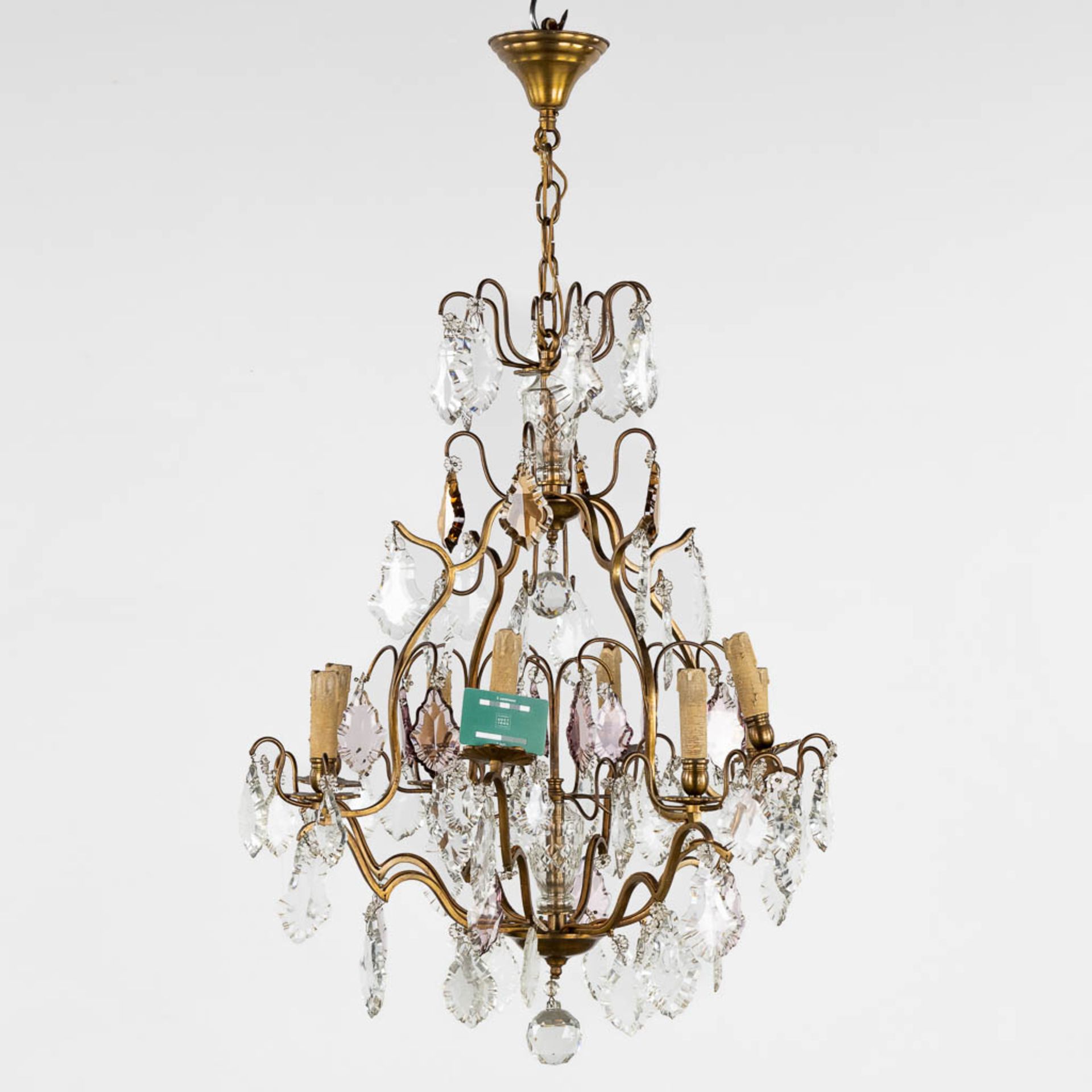 An antique chandelier, brass with coloured and white glass. Circa 1930. (H:80 x D:68 cm) - Image 2 of 11