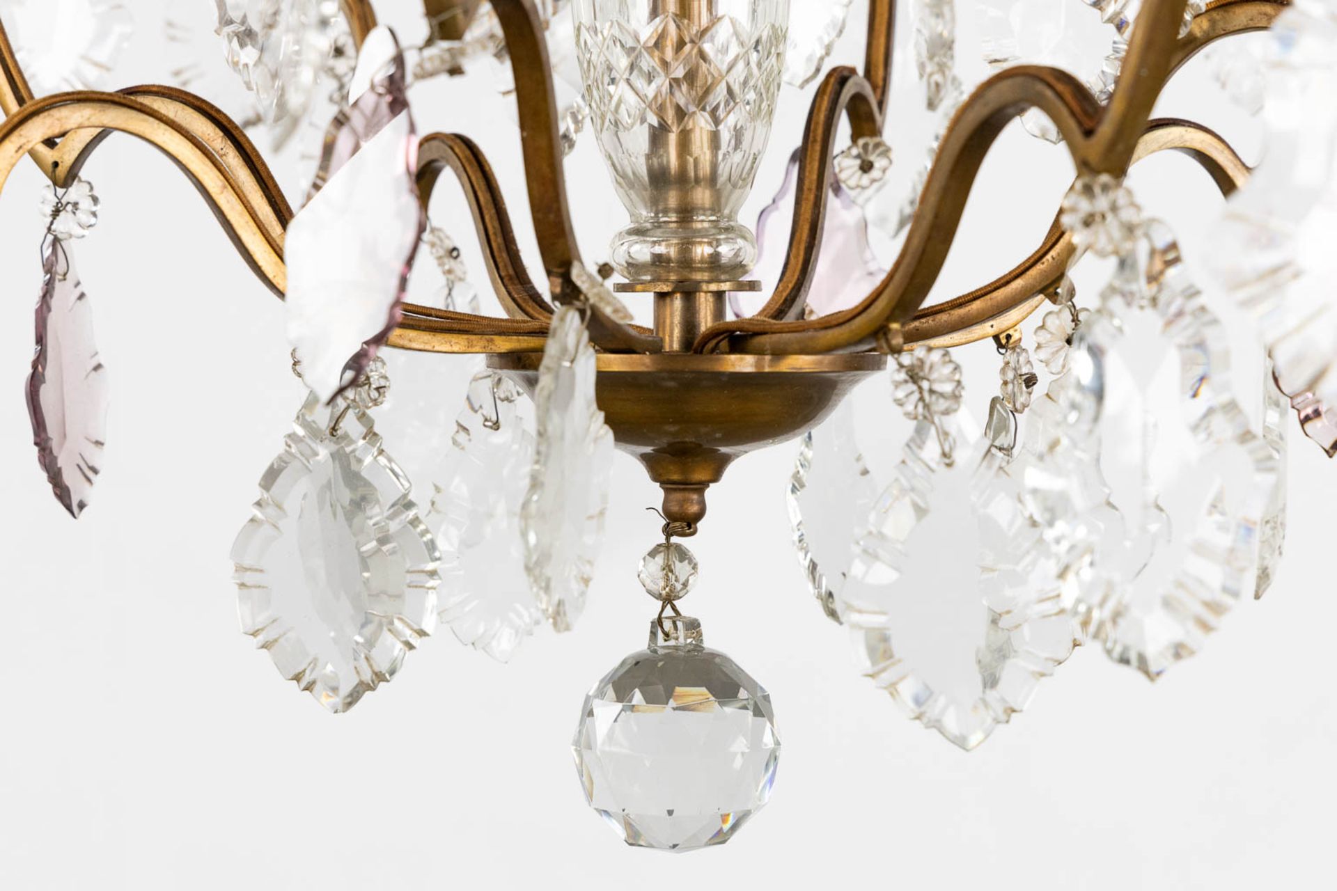 An antique chandelier, brass with coloured and white glass. Circa 1930. (H:80 x D:68 cm) - Image 7 of 11