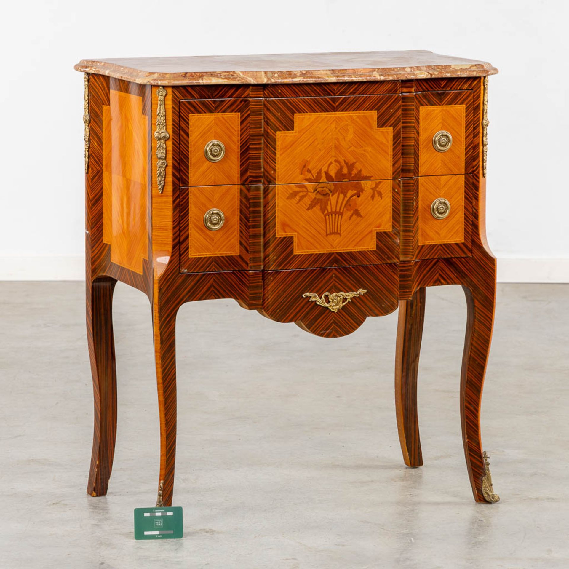 A two drawer side cabinet, marquetry inlay with a marble top. (L:39 x W:72 x H:81 cm) - Image 2 of 13