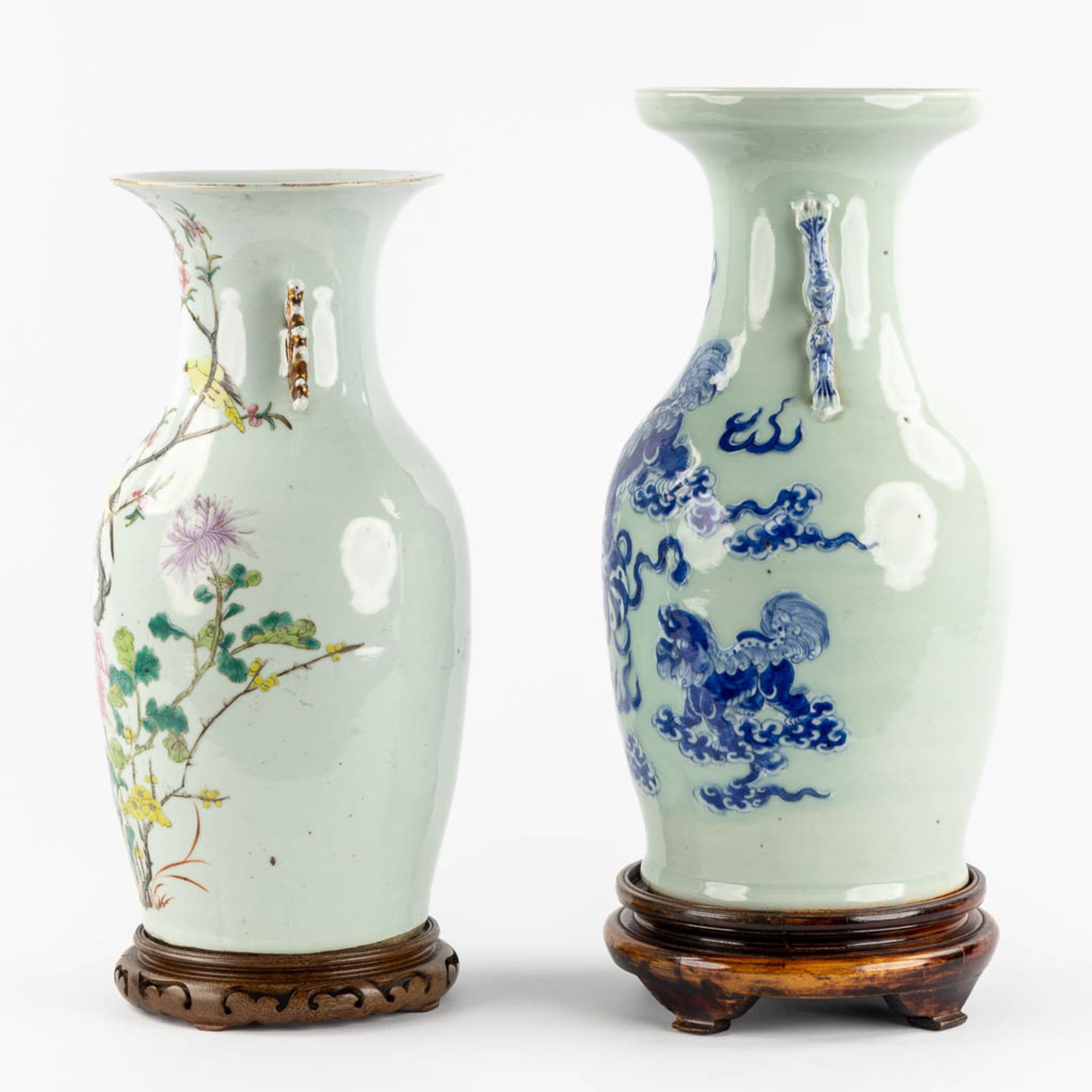 Two Chinese vases, blue-white with a Foo Dog, Famille Rose with a bird and flora. 19th/20th C. (H:43 - Image 5 of 10