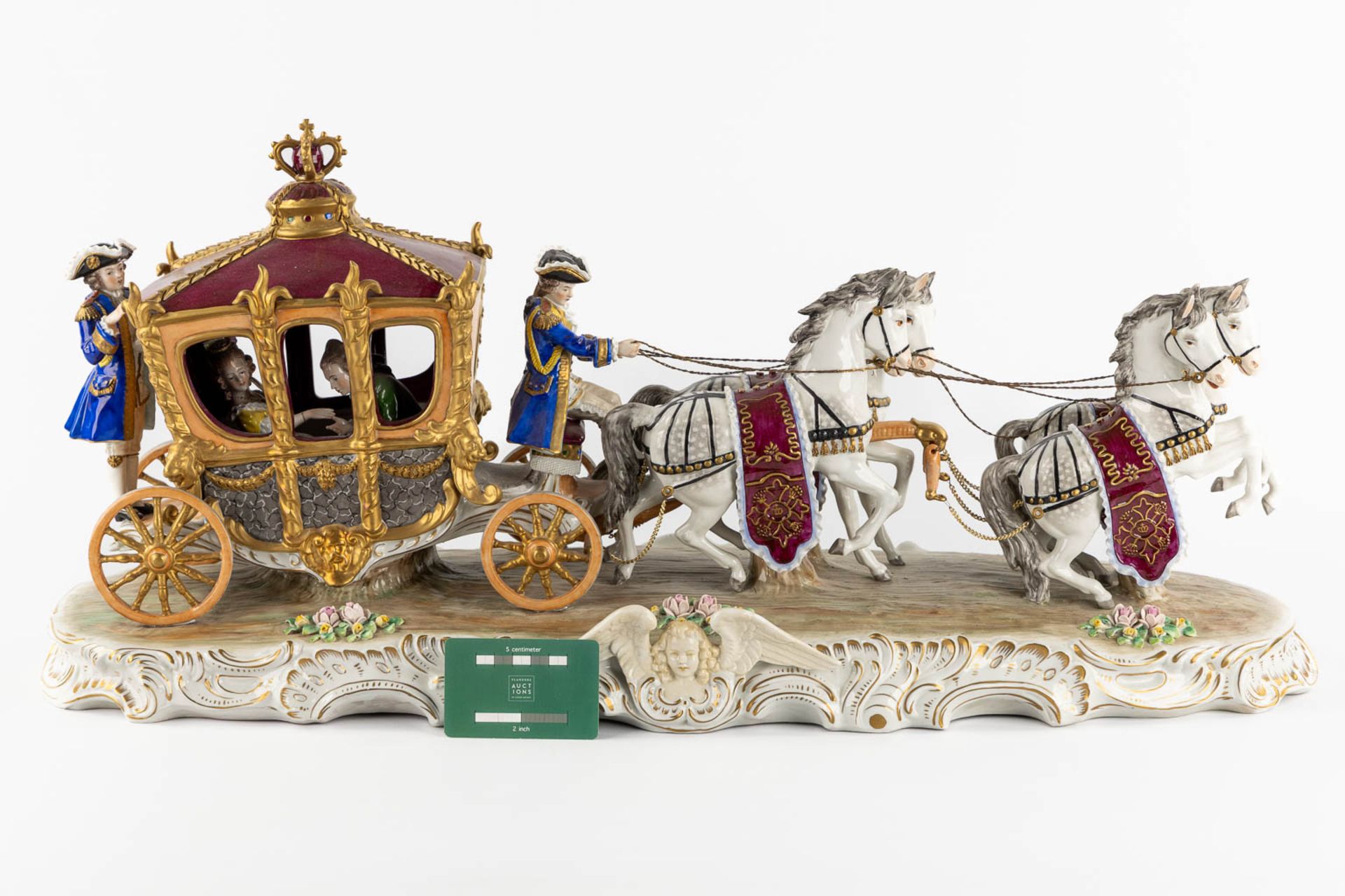 Sitzendorf, a large horse-drawn carriage, polychrome porcelain. (L:28 x W:74 x H:33 cm) - Bild 2 aus 15