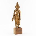 A Decorative figurine of a standing Boeddha. Gilt bronze. (L:13 x W:22 x H:70 cm)