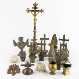 20 pieces of holy water fonts and a crucifix. Pewter, glass, Tin and Copper. 18th and 19th C. (W:17,