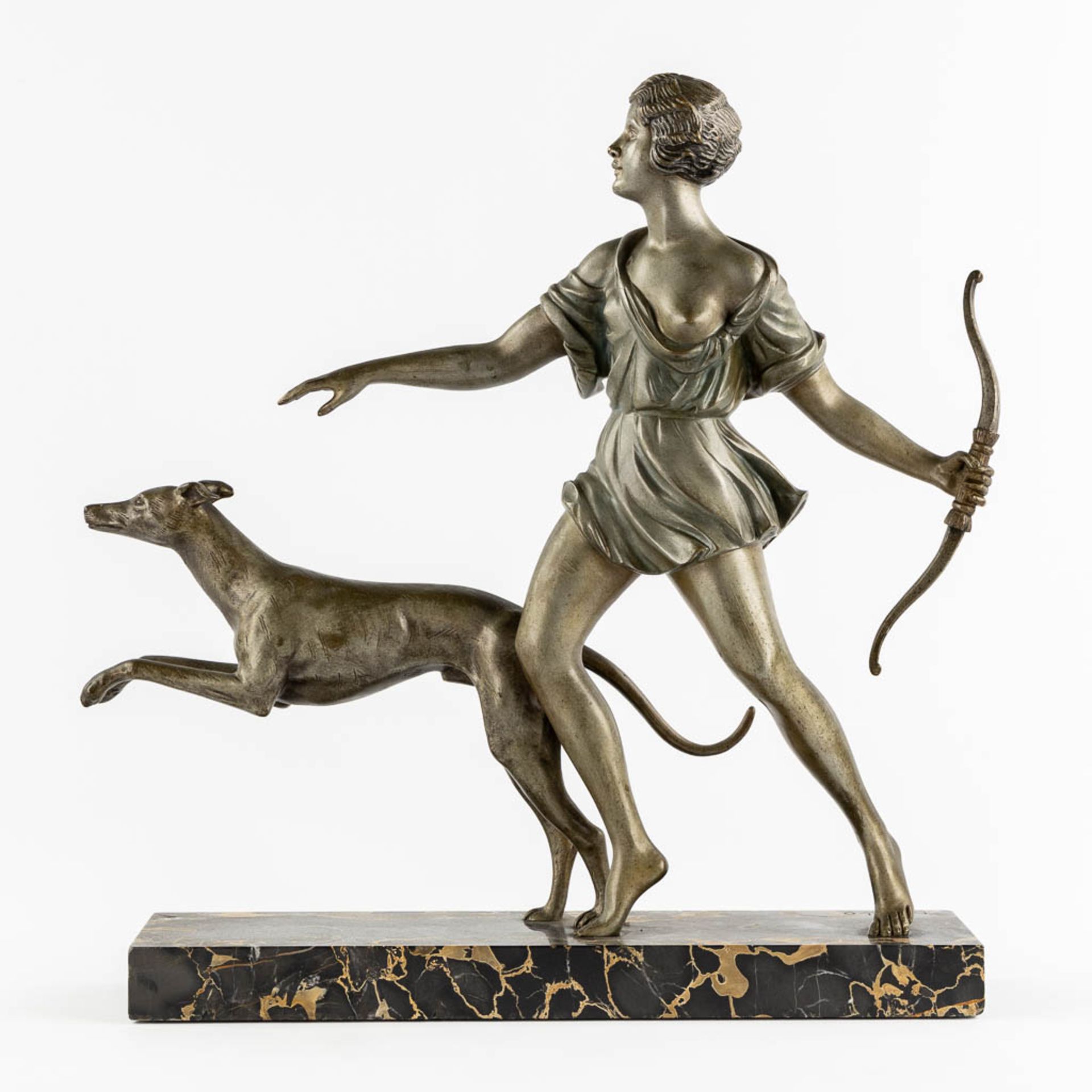 I GALLO (XIX-XX) 'Diana with a Greyhound' patinated bronze on marble. Art Deco. (L:13 x W:49 x H:48 - Image 3 of 10