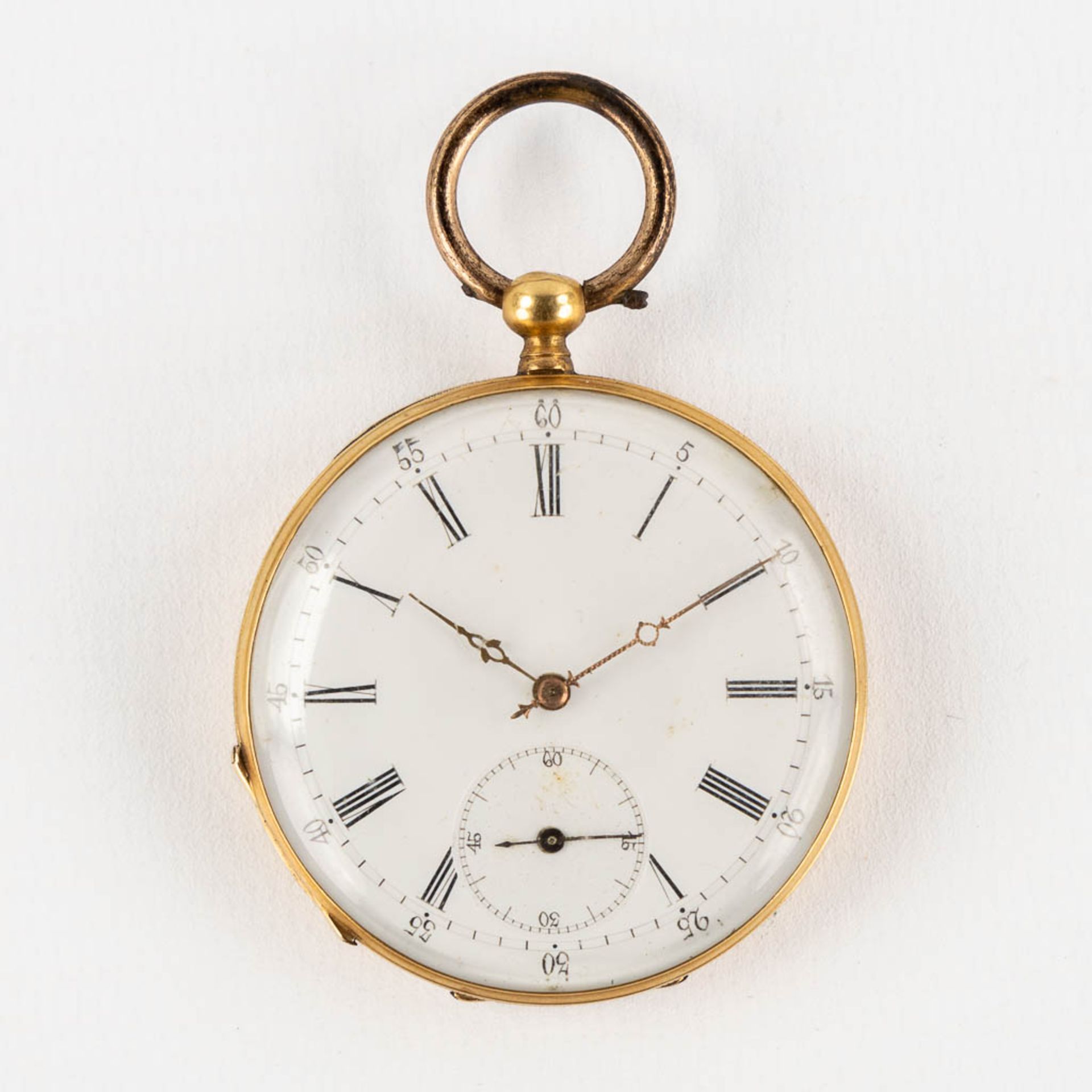 An antique pocket watch, 18kt yellow gold. Guioche image of a running horse. (W:4,3 x H:6,3 cm) - Image 4 of 15