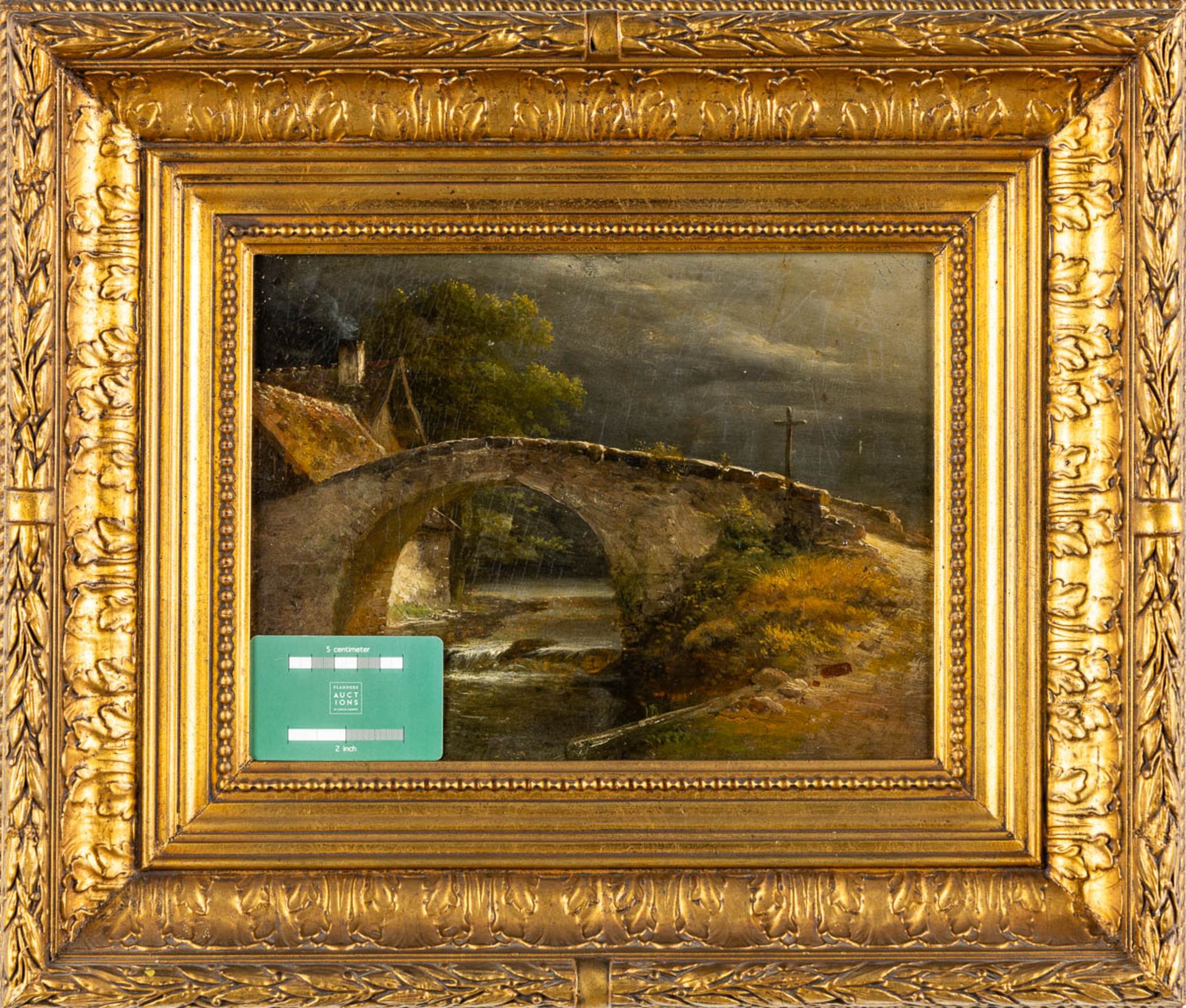 The bridge over the river, oil on panel. 19th C. Signed B. Galerne. (W:32 x H:24,5 cm) - Image 2 of 7