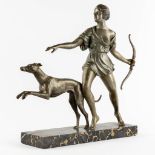 I GALLO (XIX-XX) 'Diana with a Greyhound' patinated bronze on marble. Art Deco. (L:13 x W:49 x H:48