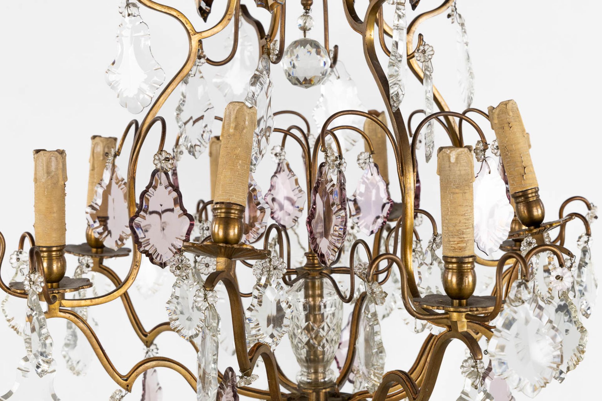 An antique chandelier, brass with coloured and white glass. Circa 1930. (H:80 x D:68 cm) - Image 6 of 11