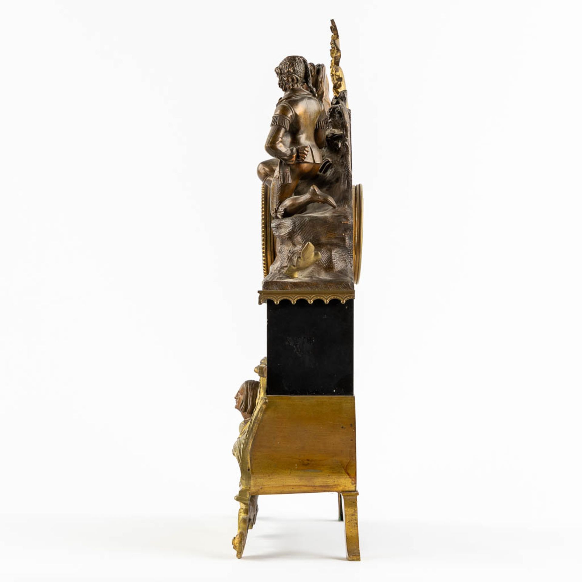 An antique mantle clock 'The Prayer', patinated and gilt bronze, black marble. 19th C. (L:12 x W:33 - Image 6 of 12