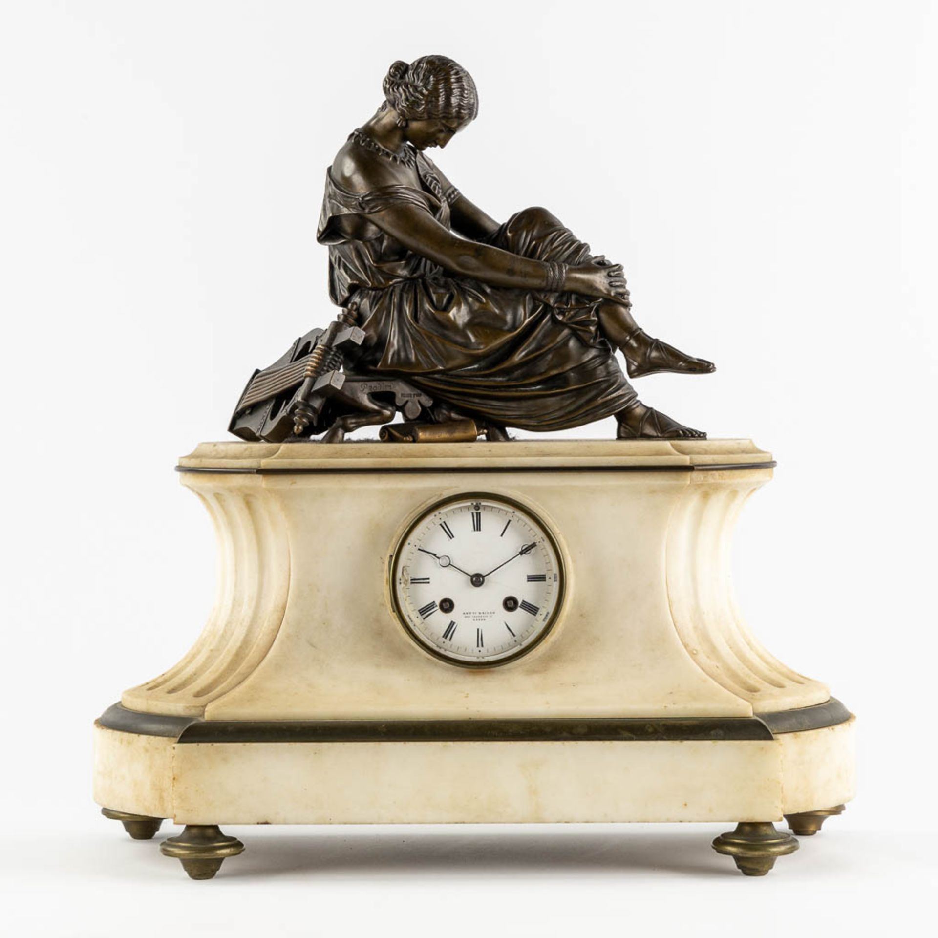 James PRADIER (1790-1852) 'Mantle Clock', patinated bronze on White Carrara marble. (L:21 x W:45 x H