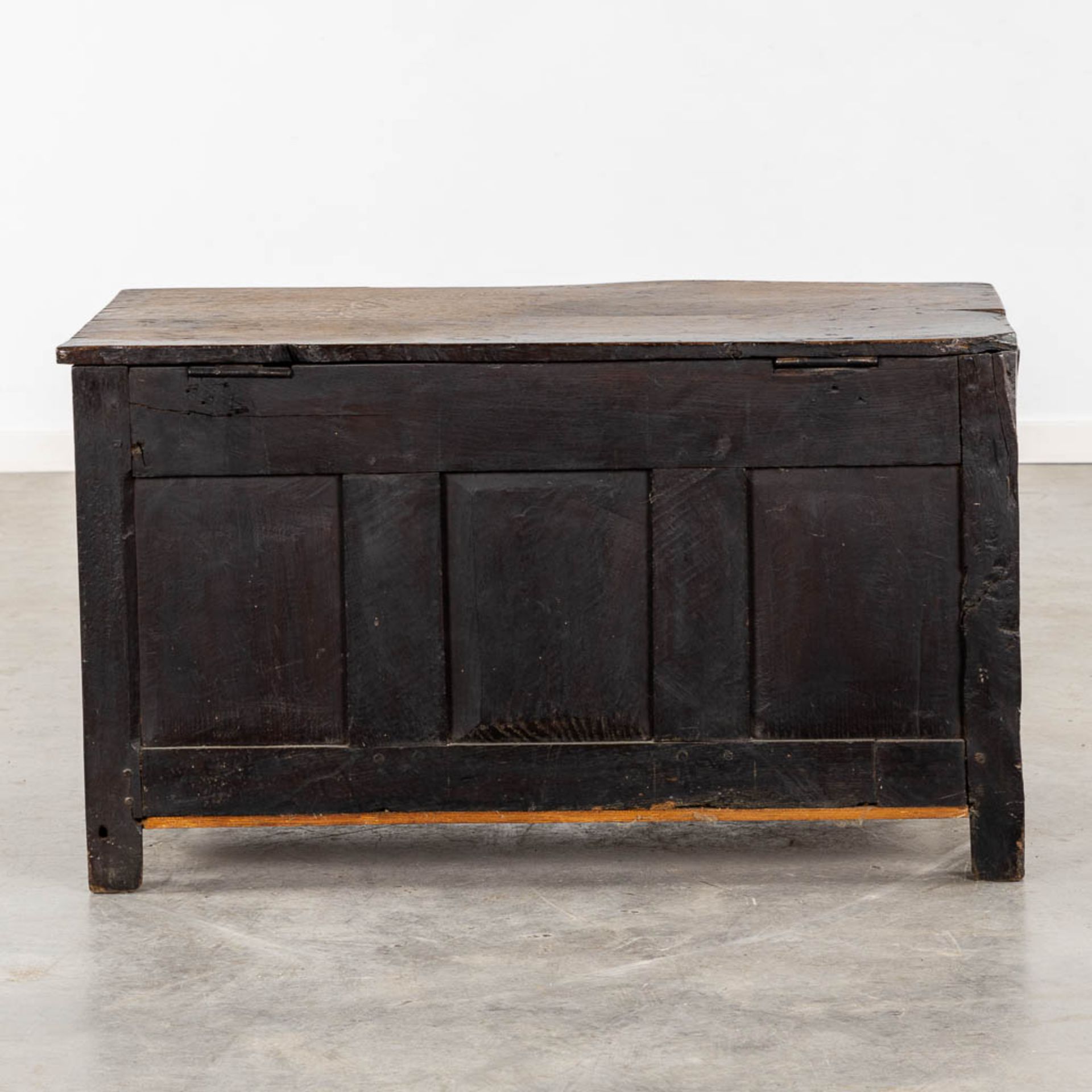 An antique wood-sculptured chest, 18th C. (L:52 x W:98 x H:56 cm) - Bild 6 aus 9