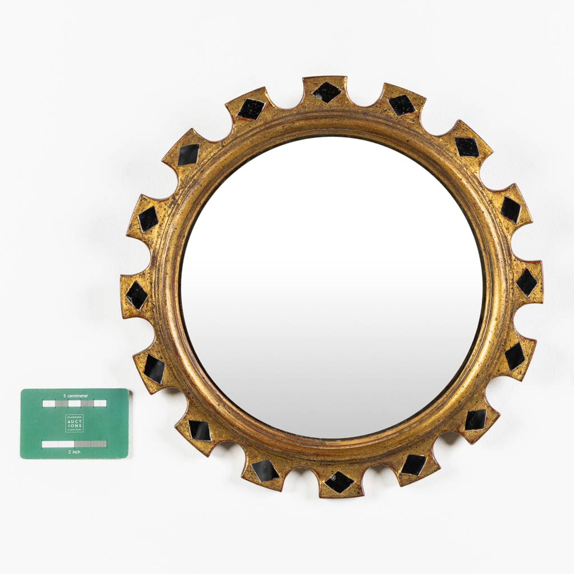 A mid-century sunburst mirror, sculptured wood inlaid with glass diamond shapes. (D:33 cm) - Image 2 of 6