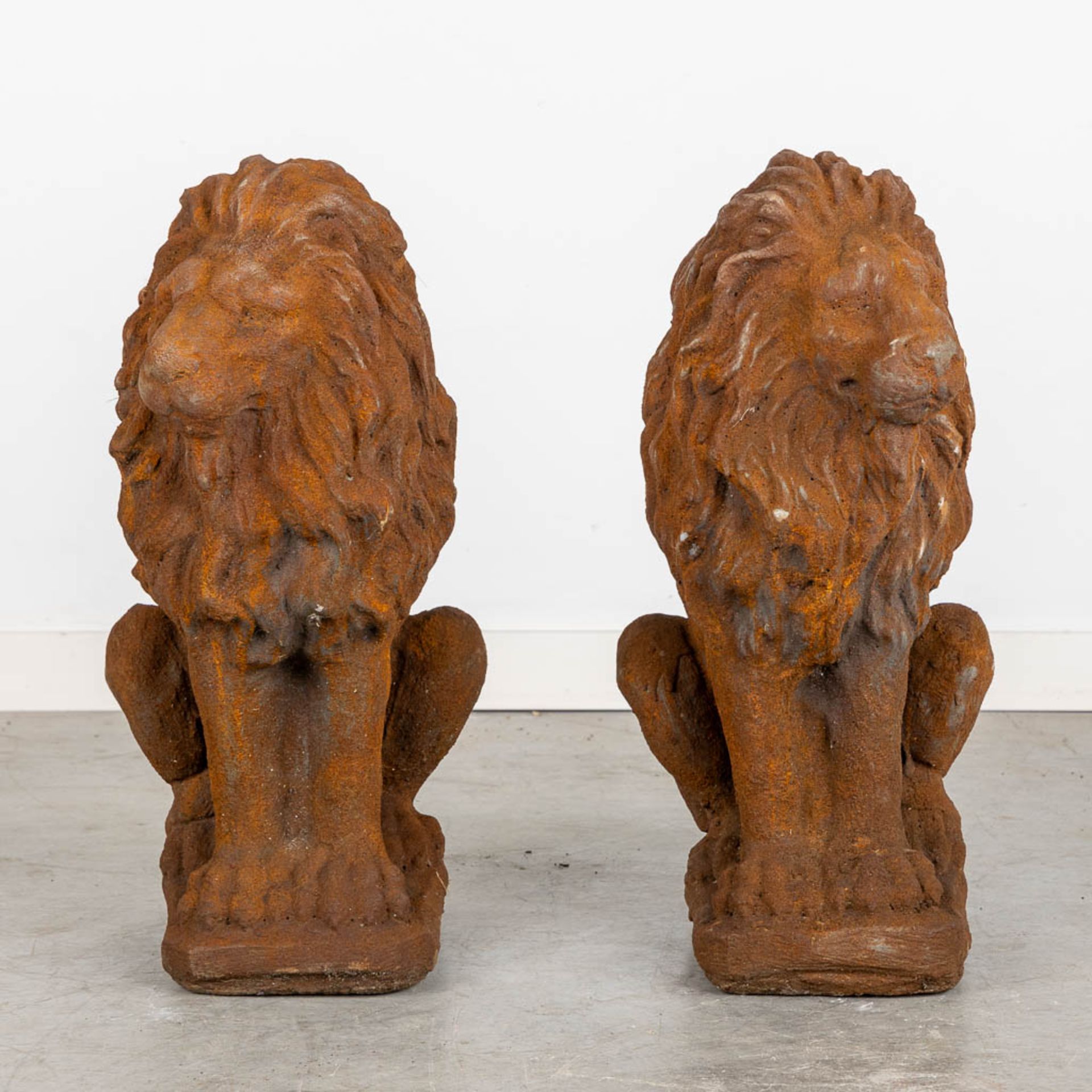 A pair of decorative garden figurines of lions, cast-iron. (H:54 cm) - Image 3 of 10